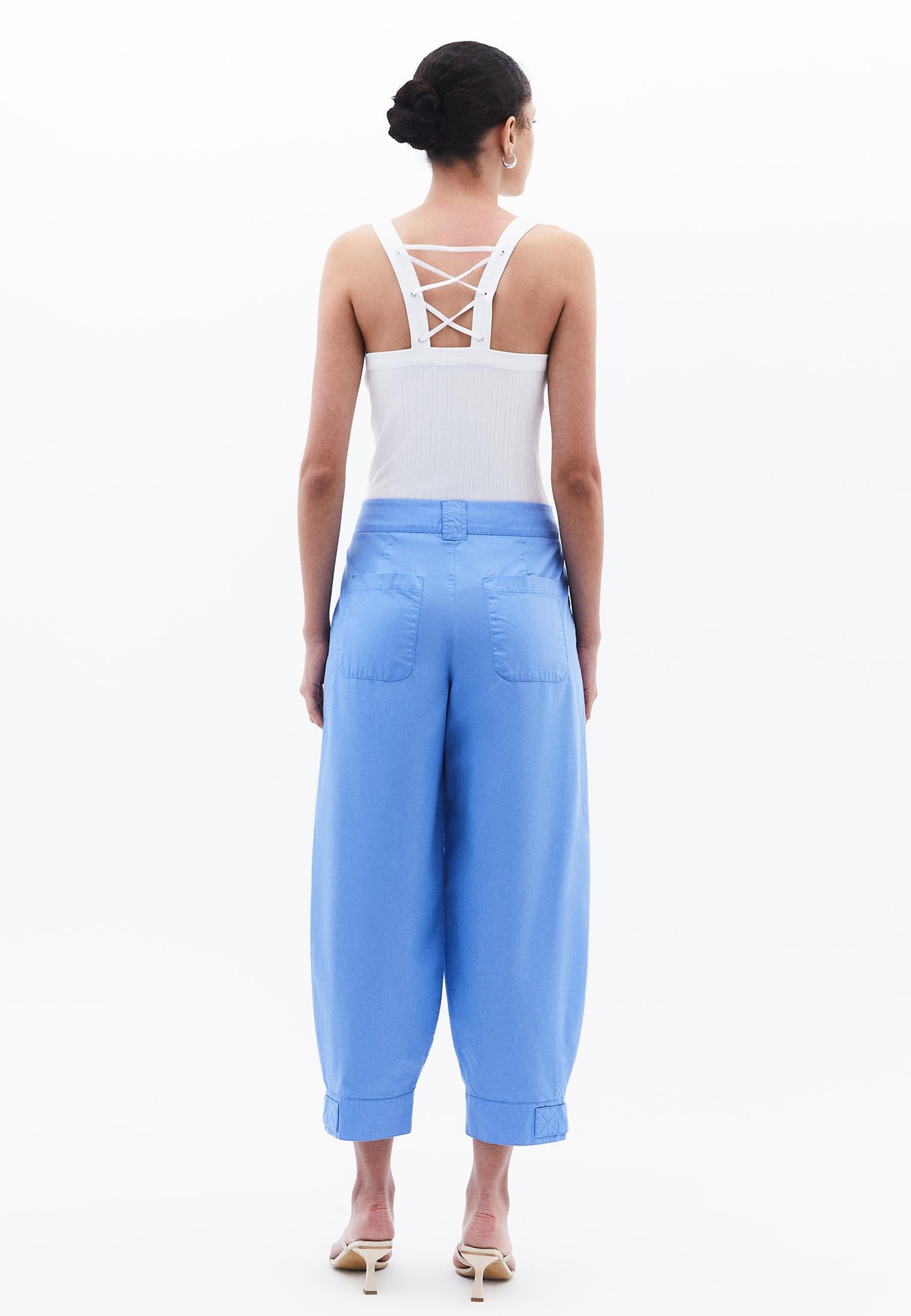Pleated High Waist Barrel Leg Pants - CORNFLOWER