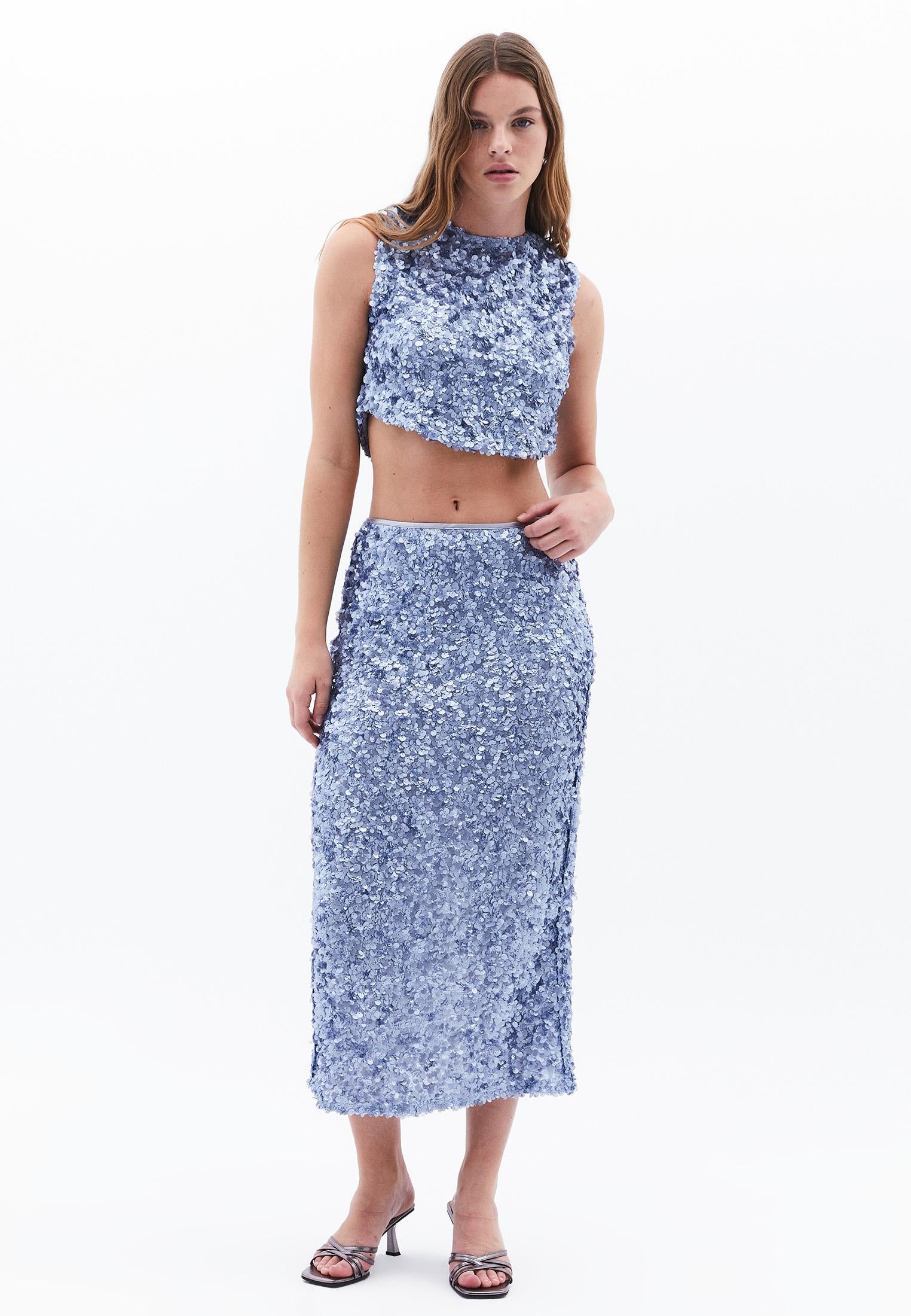 Sequin And Slit Skirt - COUNTRY BLUE