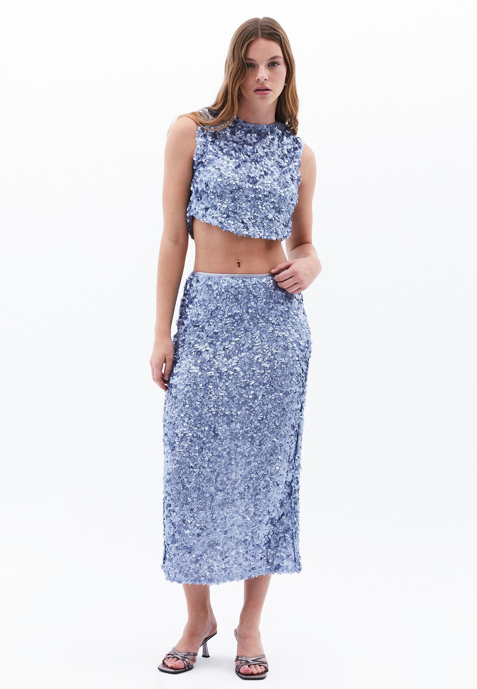 Sequin And Slit Skirt - COUNTRY BLUE