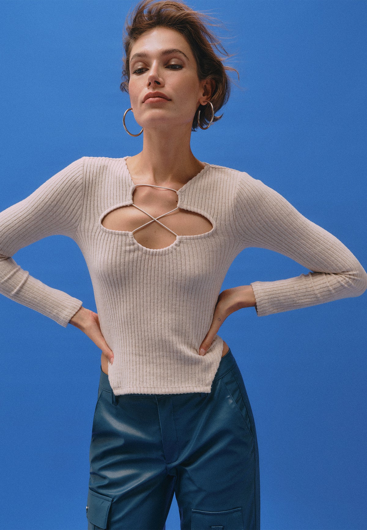 Deep Neck Asymmetric Women's Blouse - CREME BRULEE