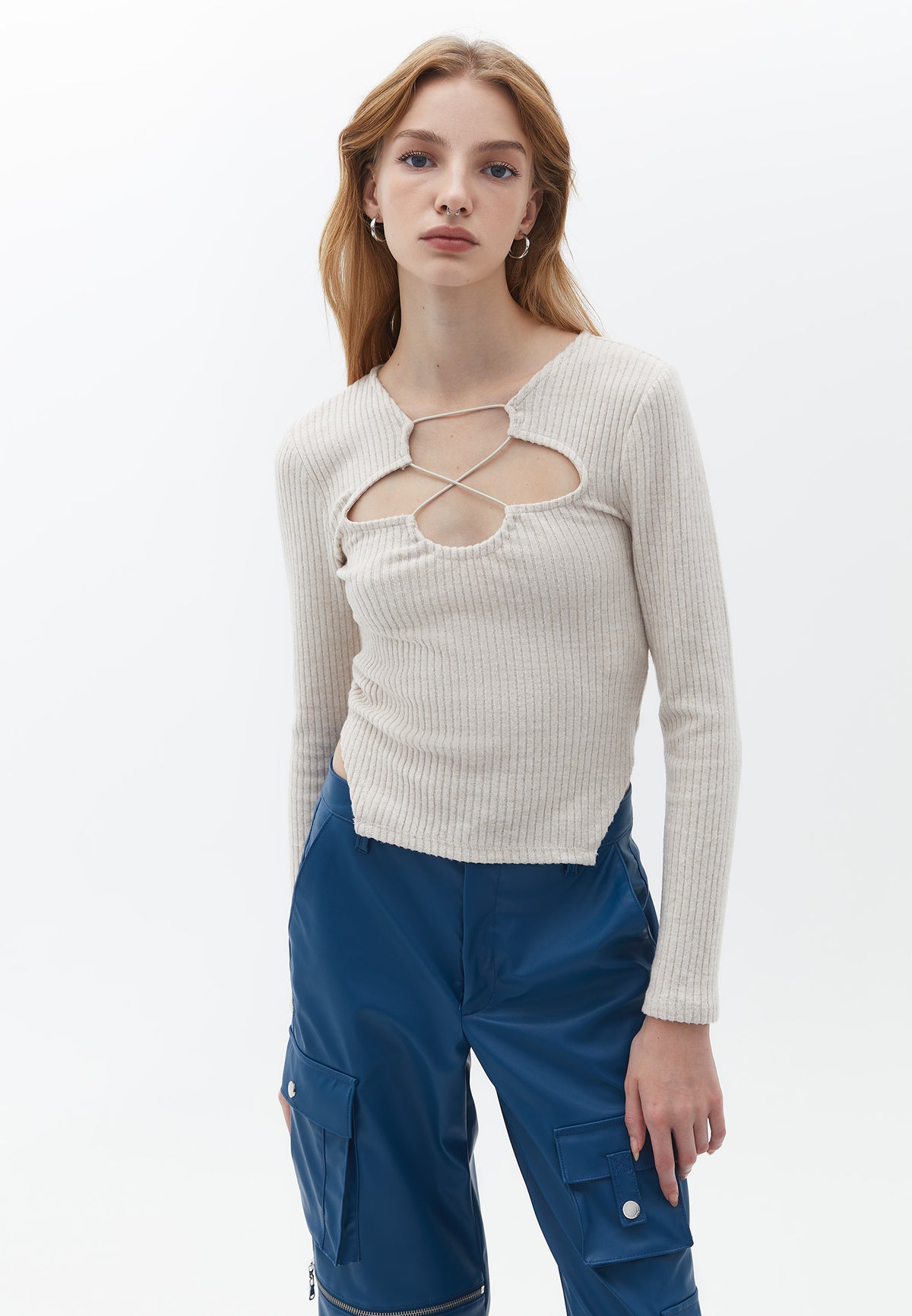 Deep Neck Asymmetric Women's Blouse - CREME BRULEE