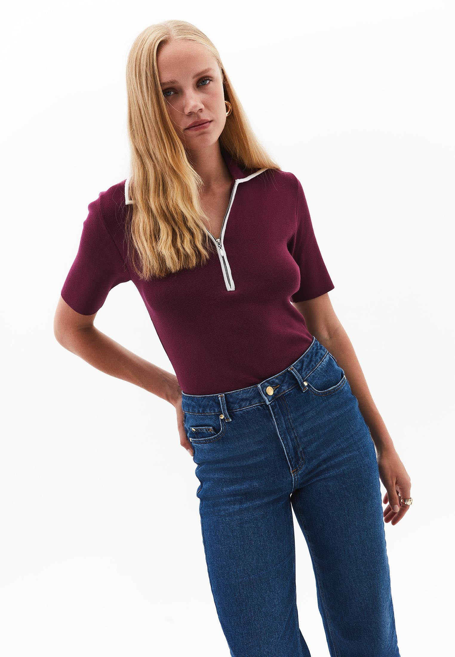 Polo Collar Zipper Detailed Standard T-Shirt - CRUSHED VIOLETS