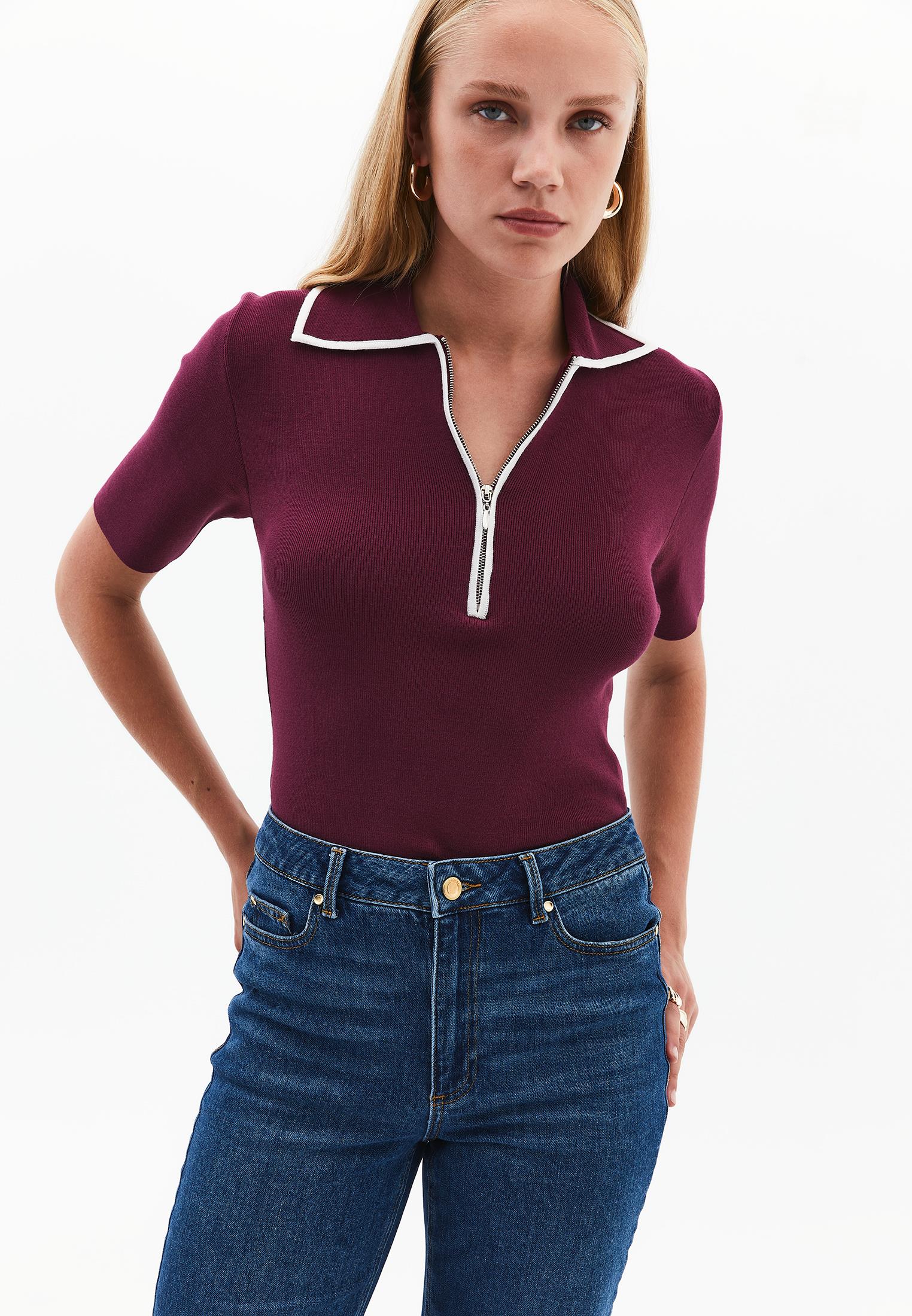 Polo Collar Zipper Detailed Standard T-Shirt - CRUSHED VIOLETS