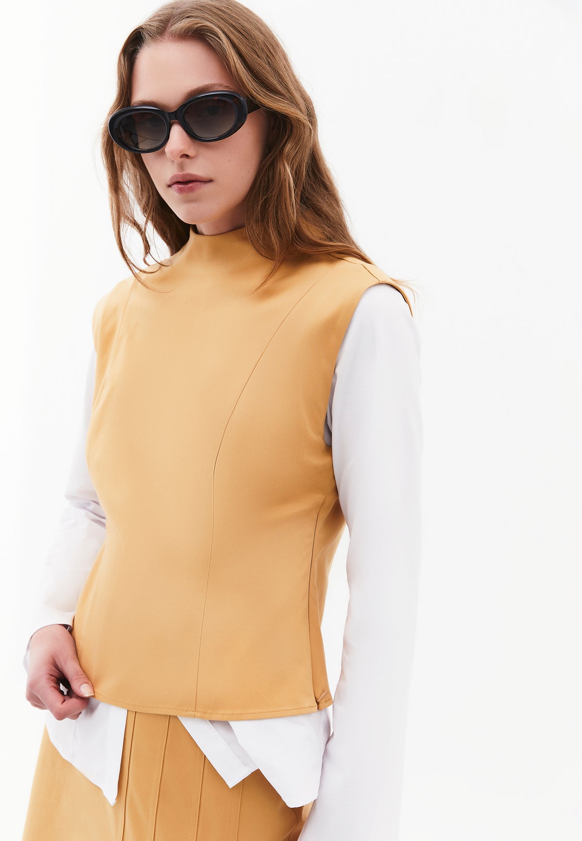 High Neck Sleeveless Buttoned Blouse - CURRY