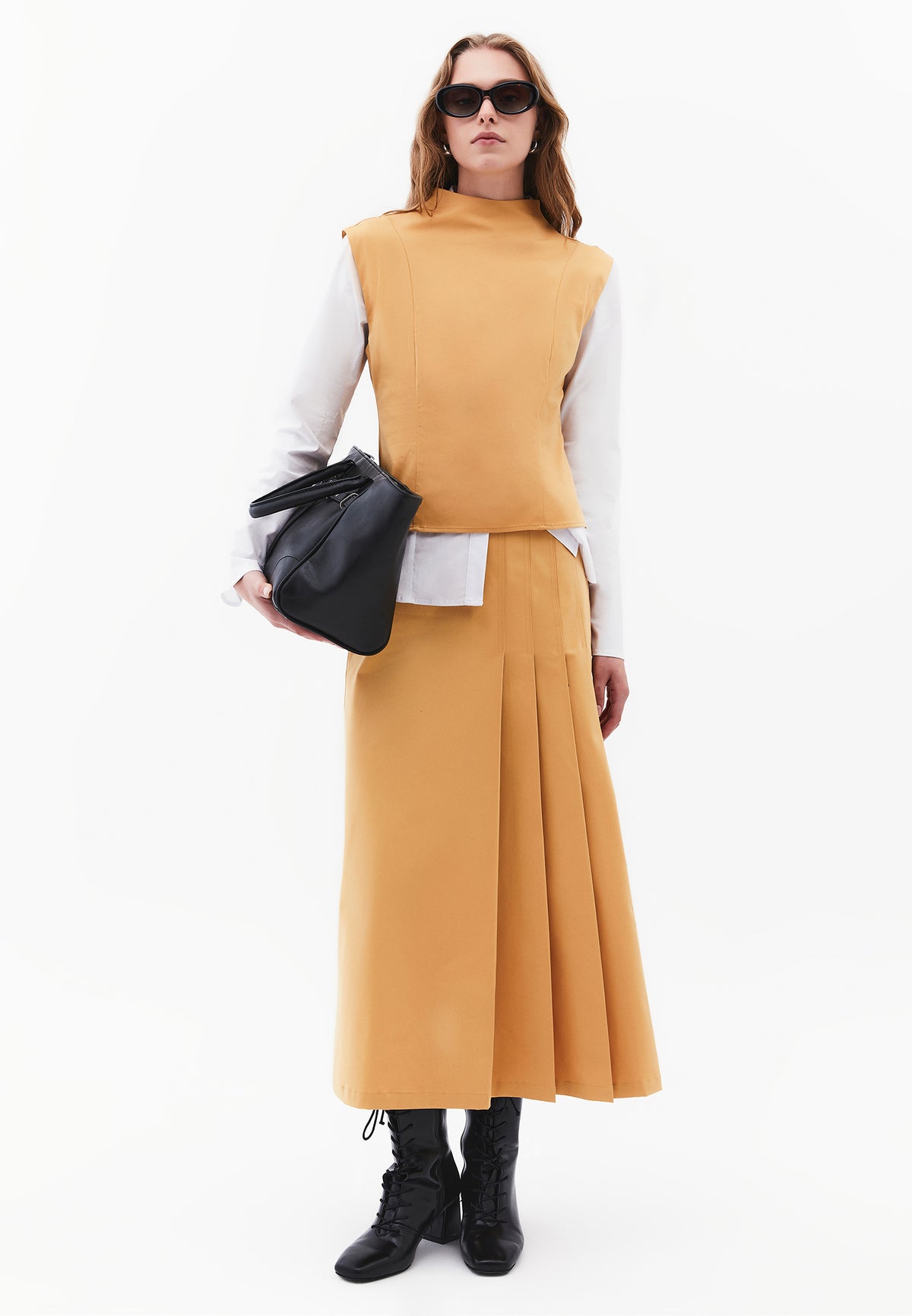 High Neck Sleeveless Buttoned Blouse - CURRY