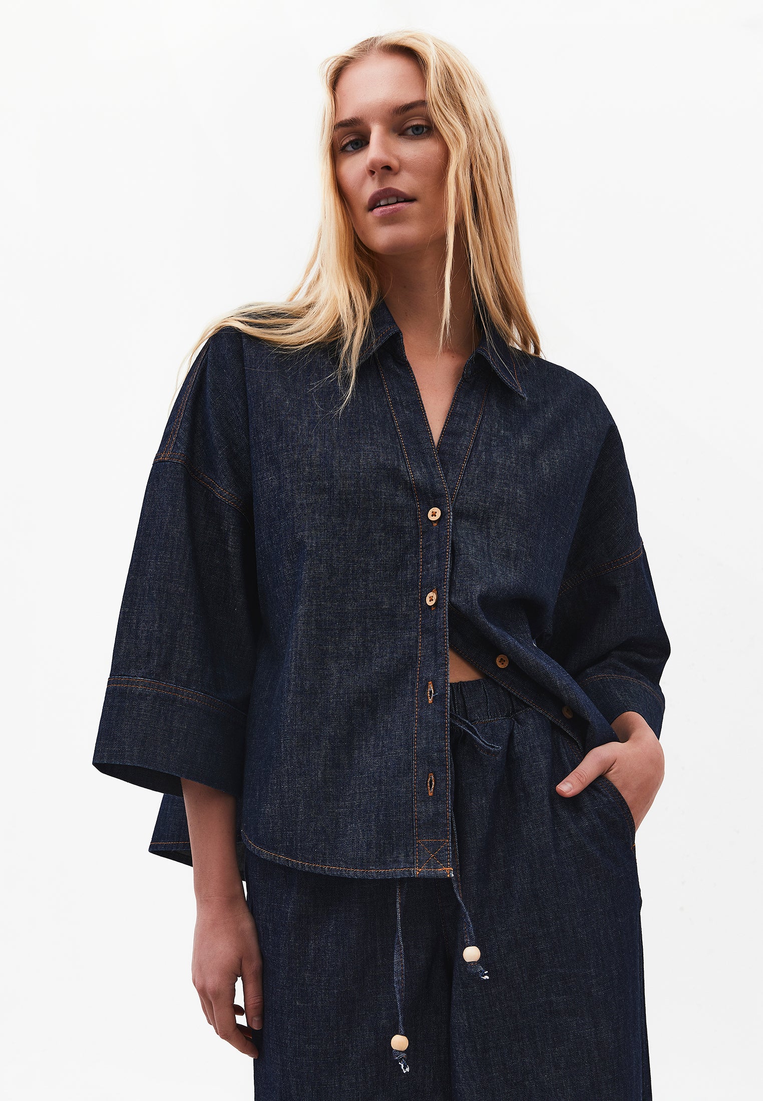 Oversize Shirt 3/4 Sleeve - DARK BLUE DENIM