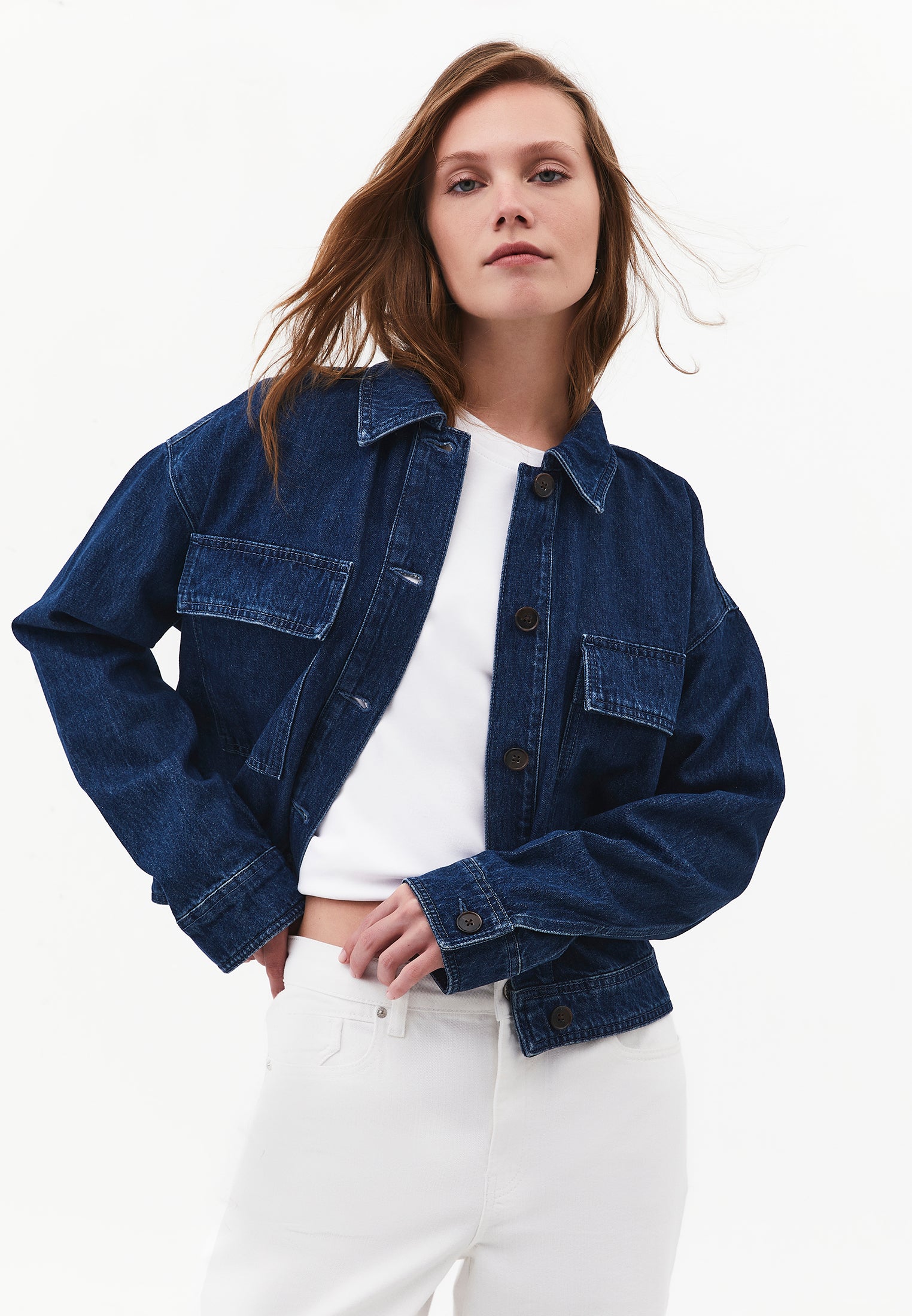 Oversize Standard Denim Jacket With Pocket Detail - DARK BLUE DENIM