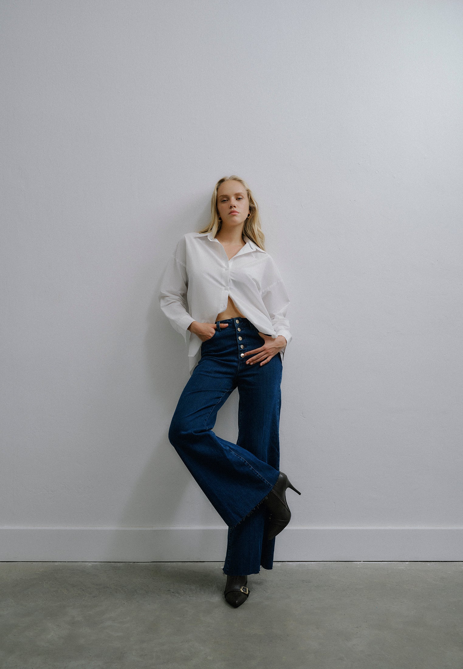 High Waist Wide Leg Pants - DARK BLUE DENIM