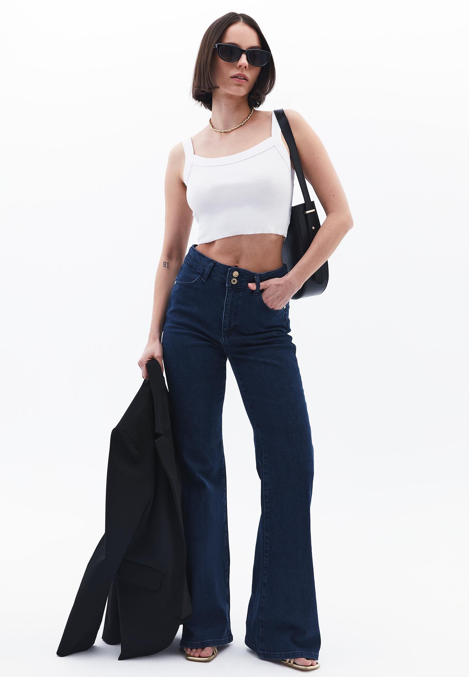 High Waist Flared Denim Pants - DARK BLUE DENIM