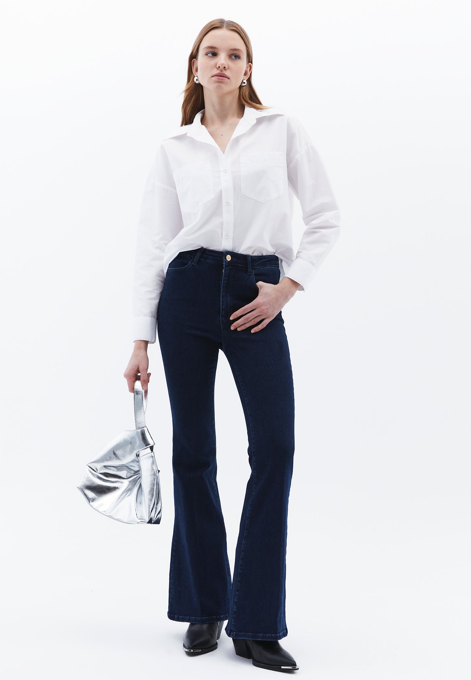 Button Detail Flared Leg Pants - DARK BLUE DENIM