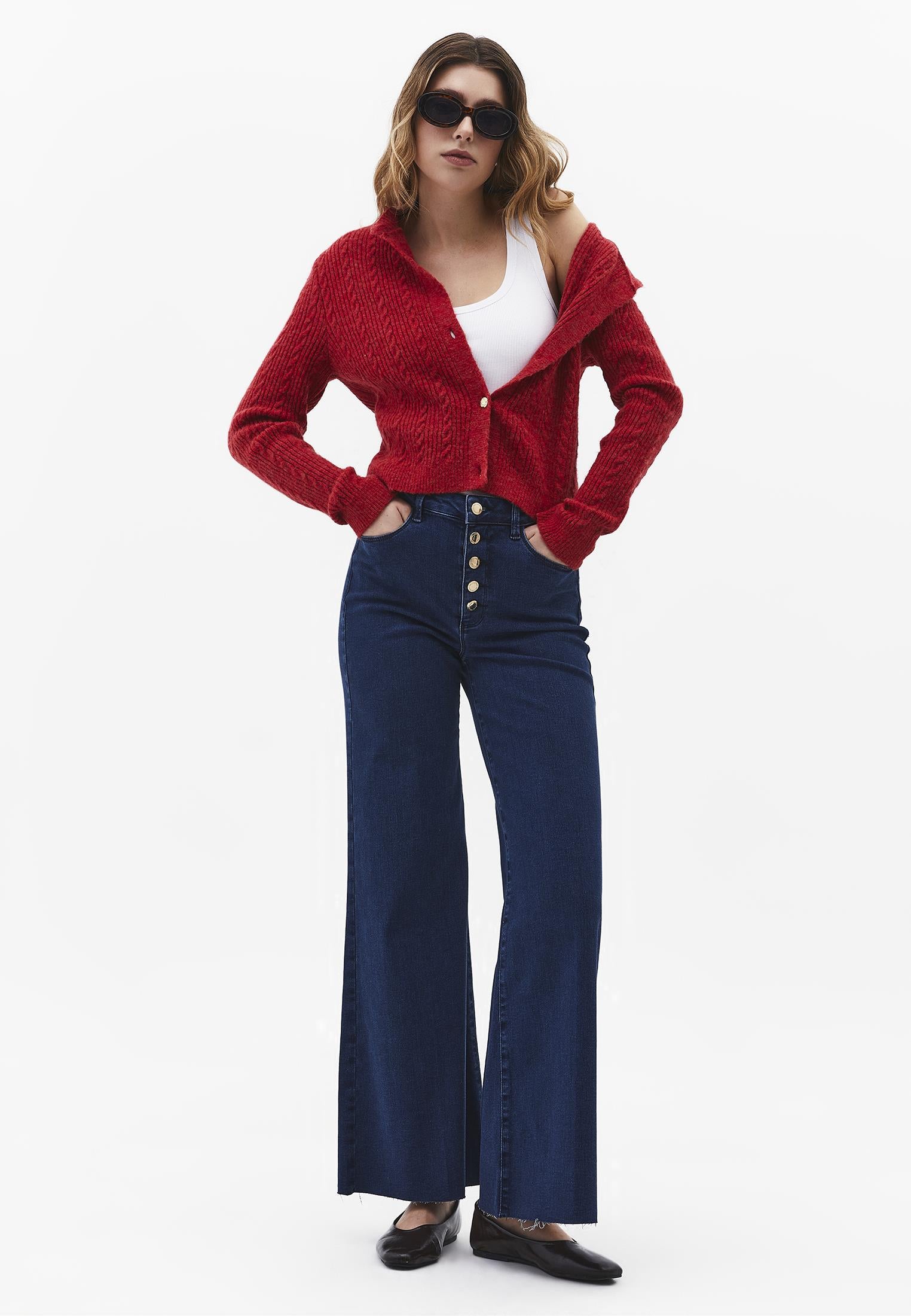 Wide Leg Button Detailed Trousers - DARK BLUE DENIM