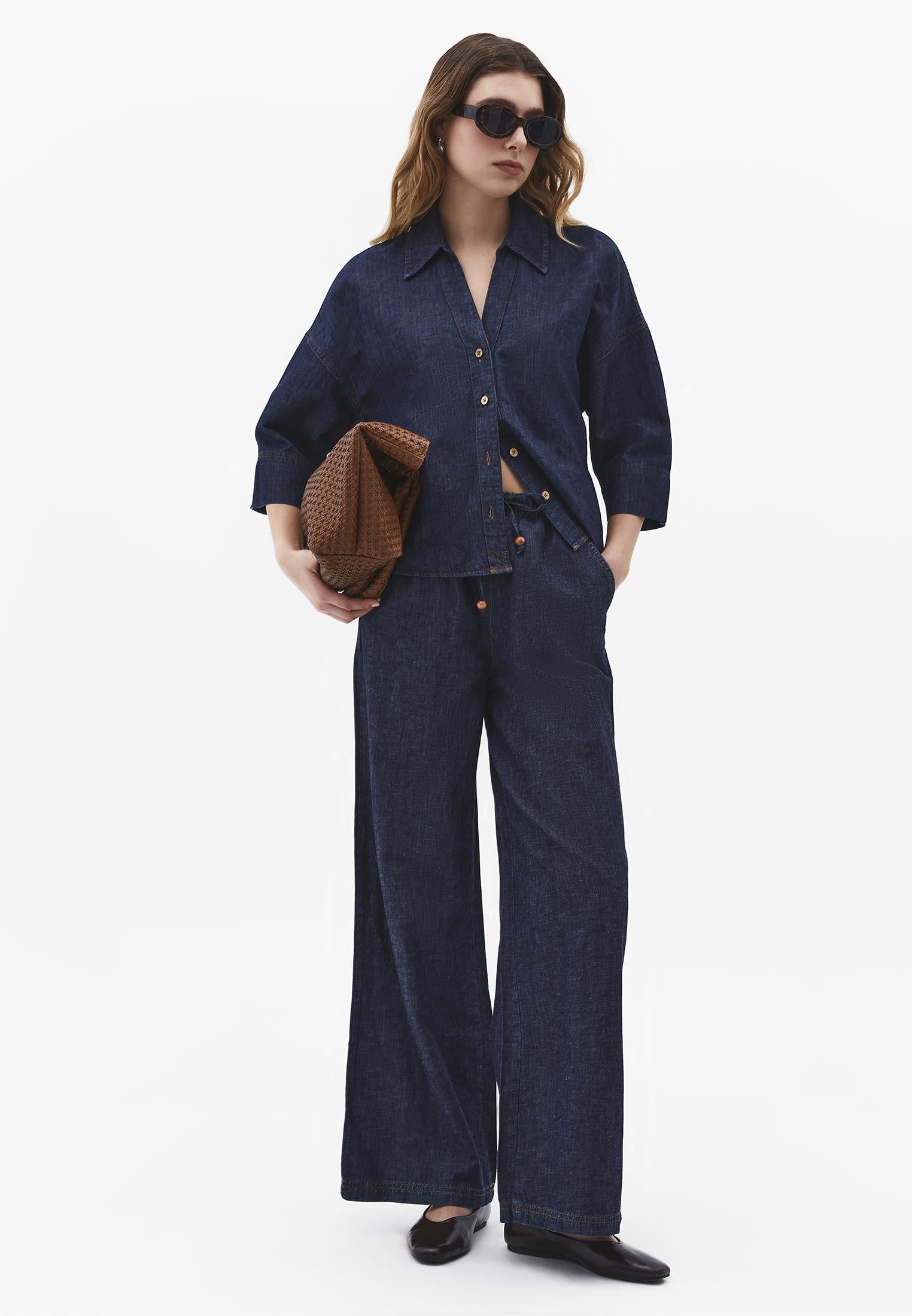 Oversize Shirt Collar Three Quarter Sleeve Denim Shirt - DARK BLUE DENIM