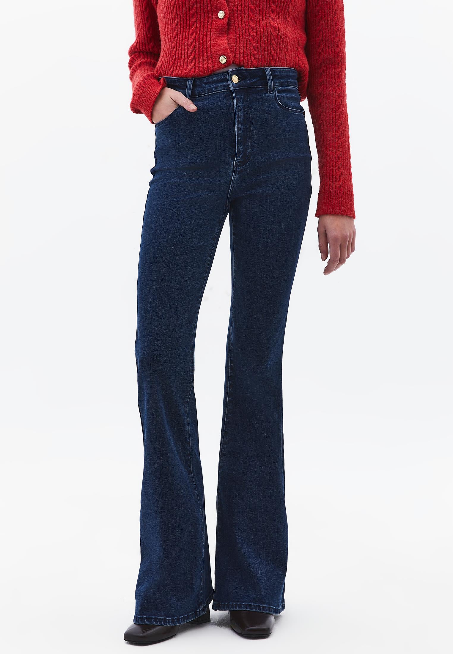 Autumn Denim Flared Pants - DARK BLUE DENIM