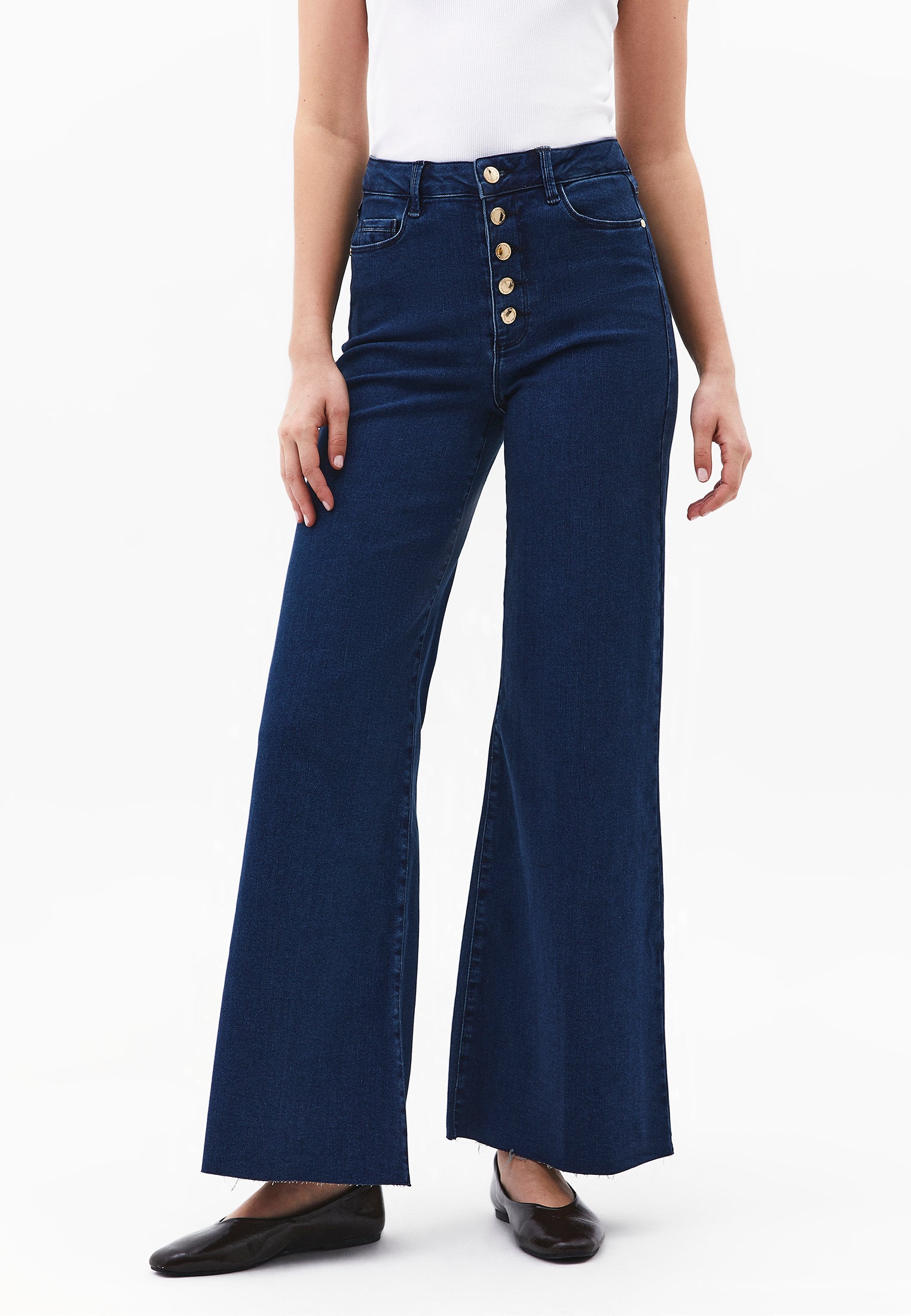 Wide Leg Button Detailed Trousers - DARK BLUE DENIM