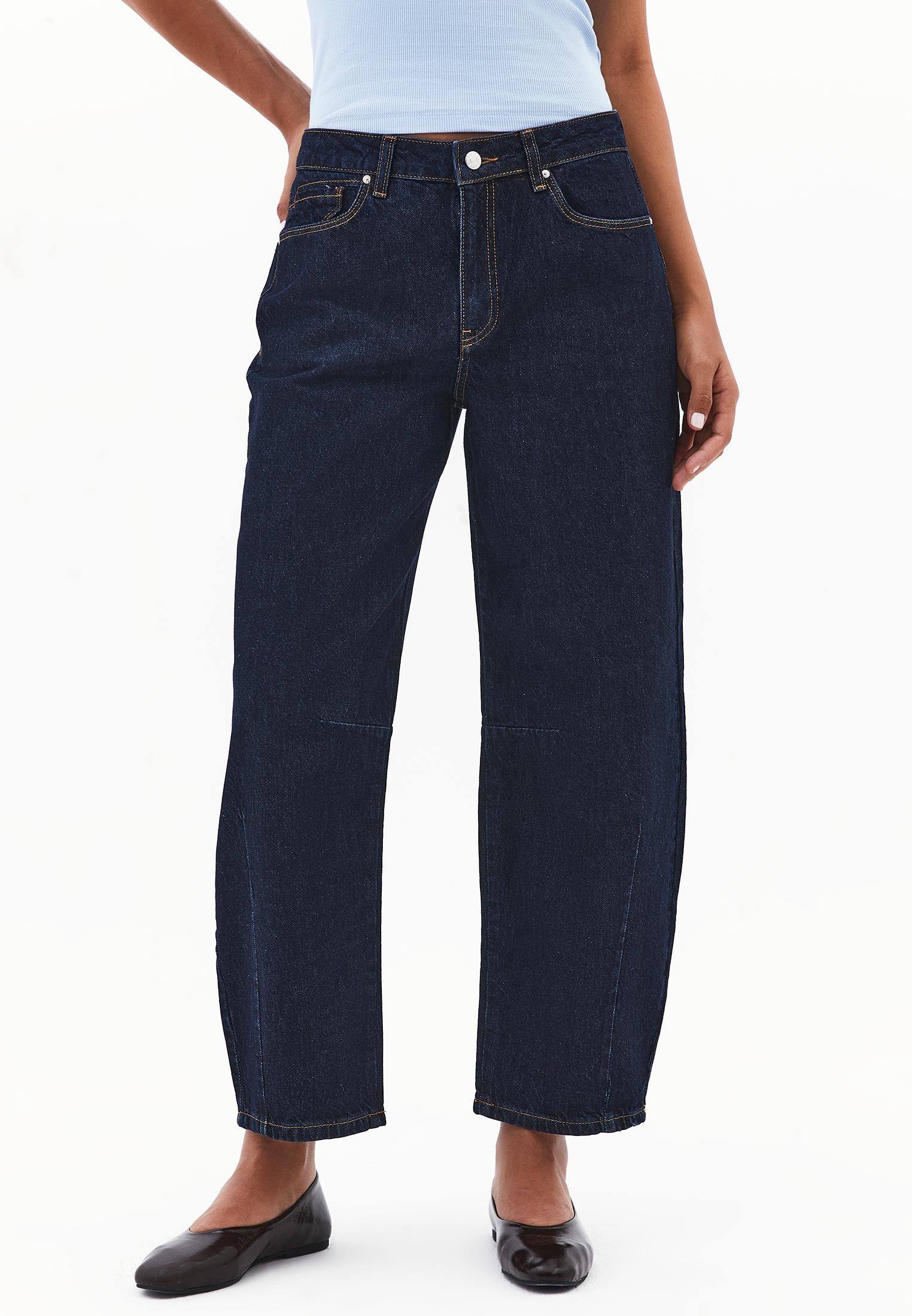 Barrel Hem Denim Pants With Cut Details And Regular Waist - DARK BLUE DENIM