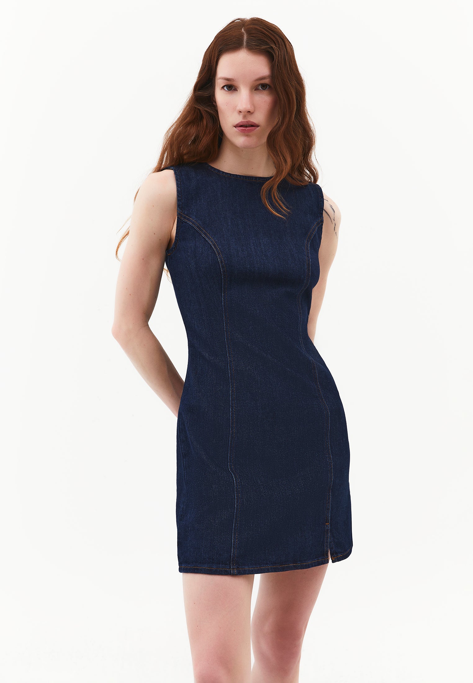 Sleeveless Short Denim Dress With Slit - DARK BLUE DENIM