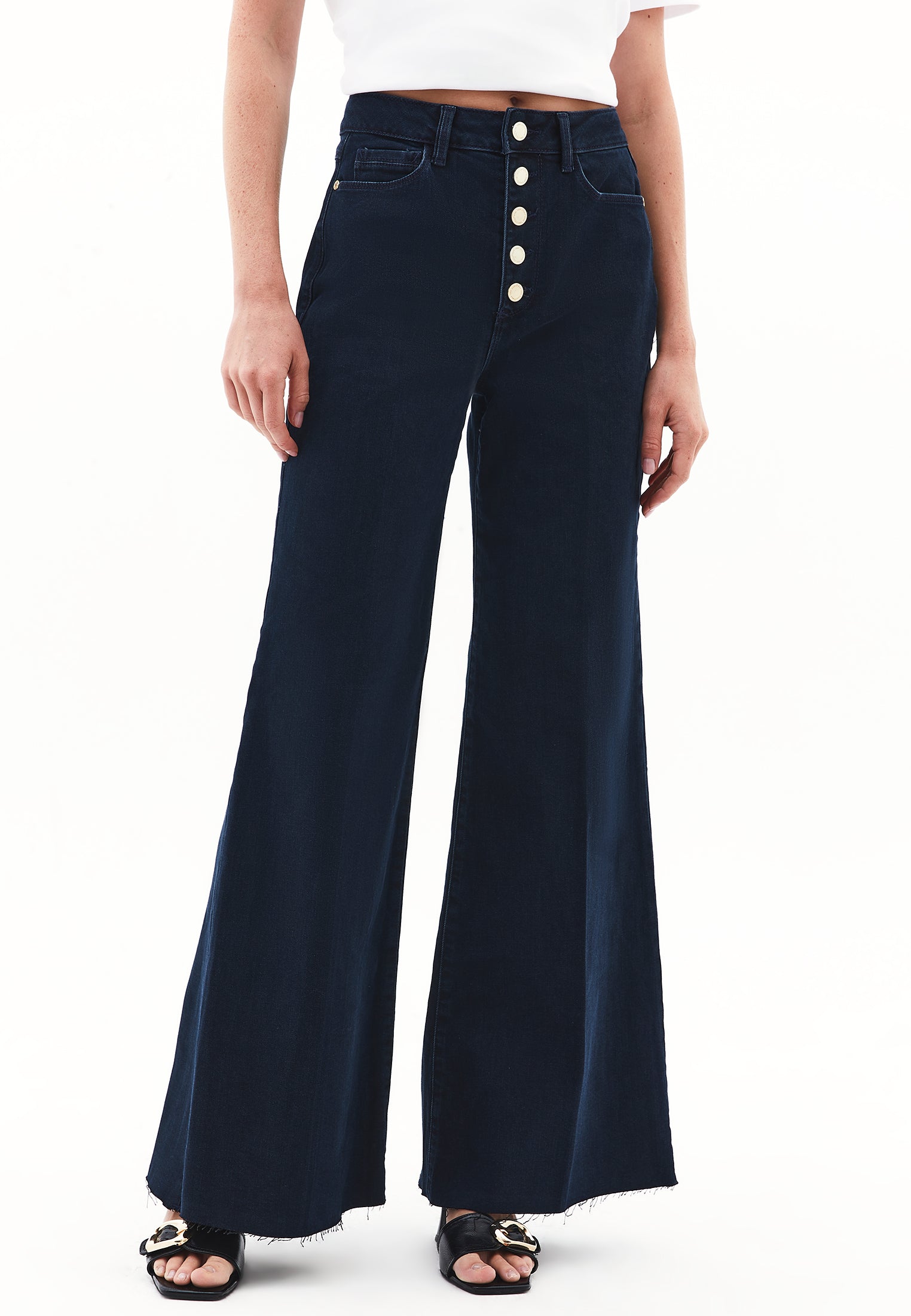 High Waist Wide Leg Buttoned Pants - DARK BLUE DENIM