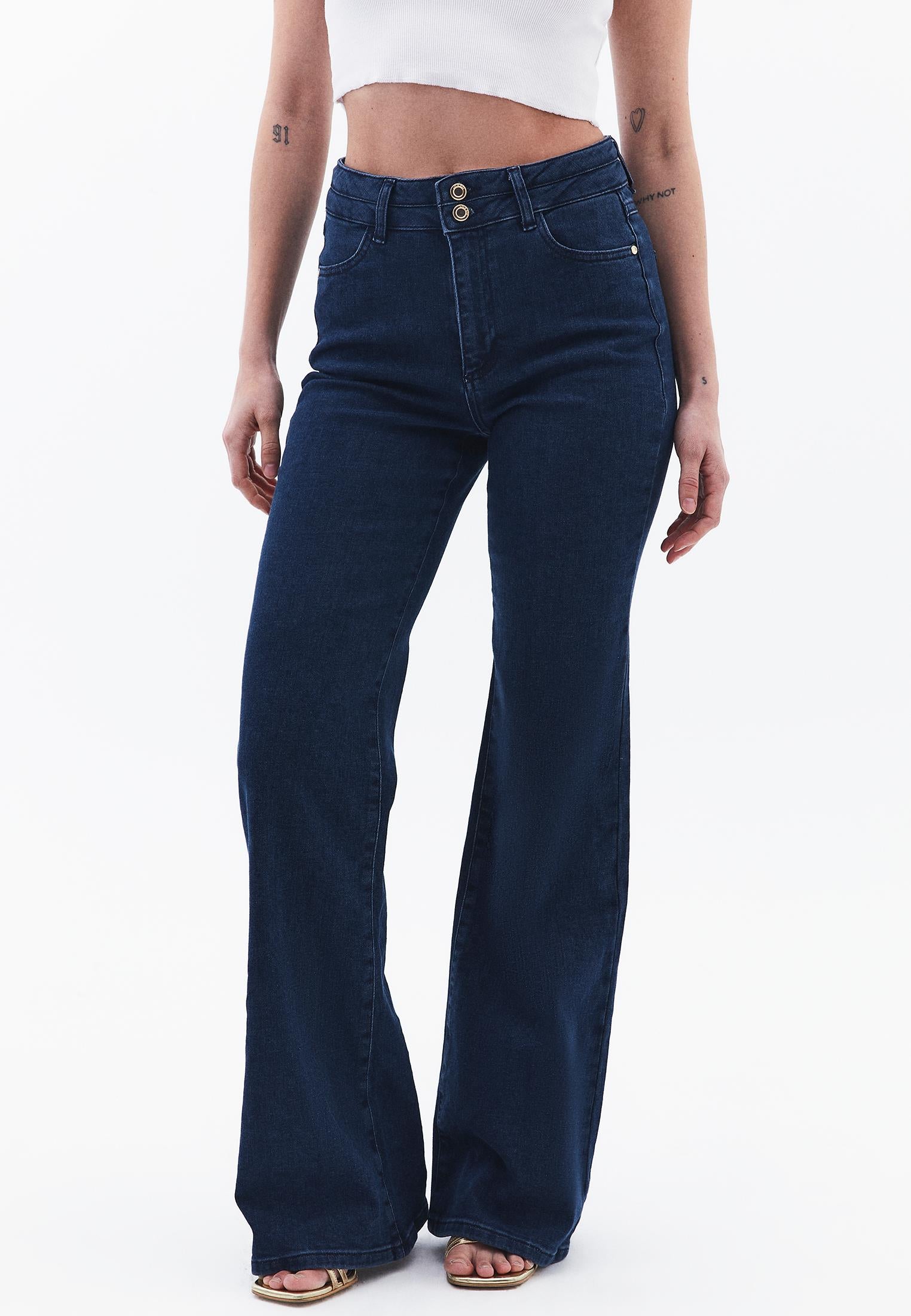 High Waist Flared Denim Pants - DARK BLUE DENIM