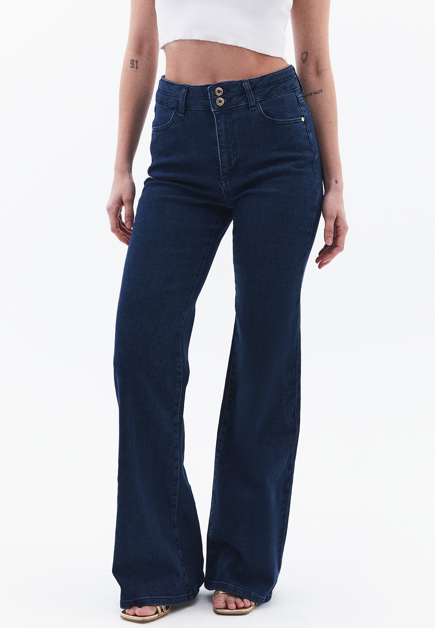 High Waist Flared Denim Pants - DARK BLUE DENIM