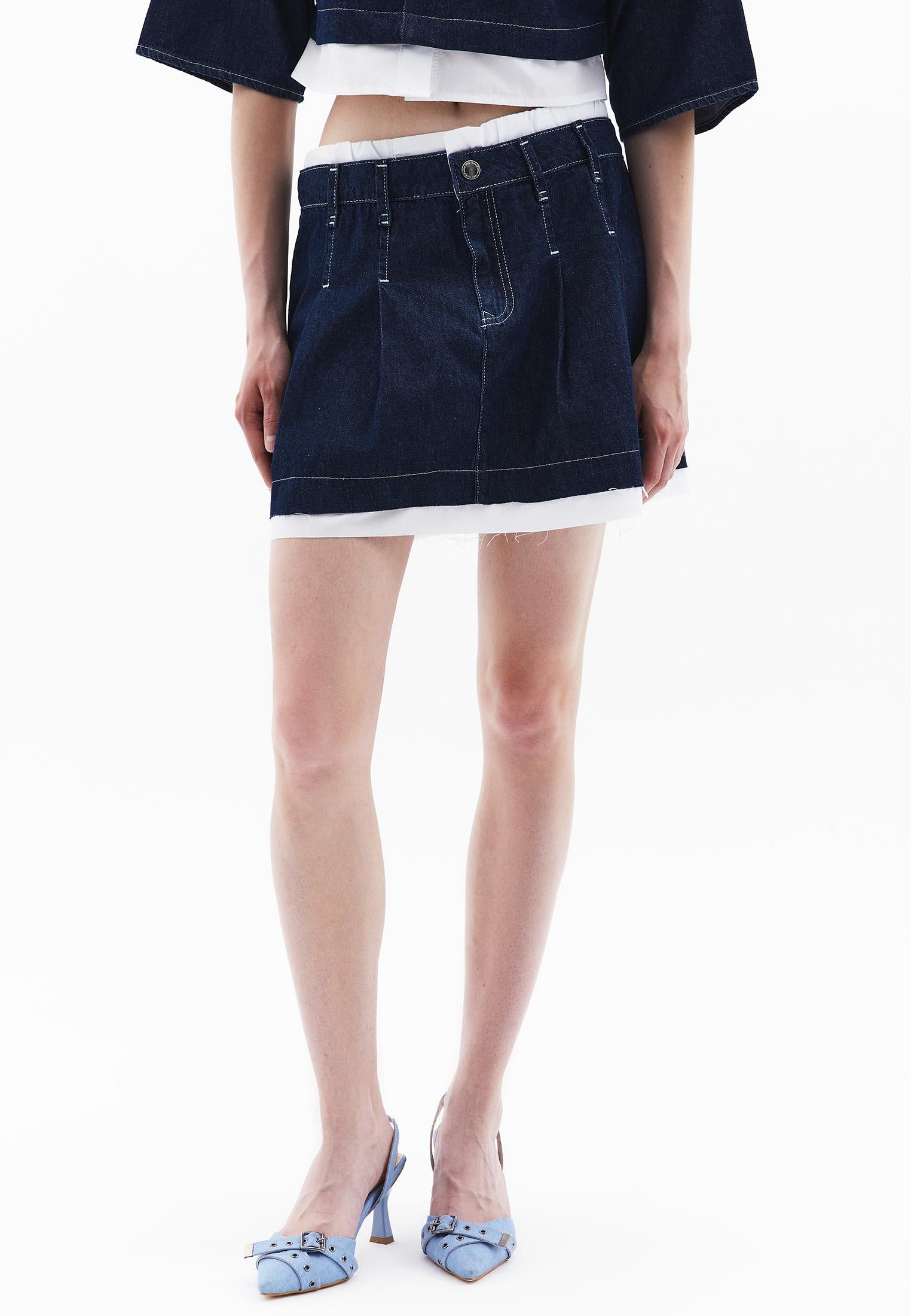Pleated Short Skirt With Belt Detail - DARK BLUE DENIM