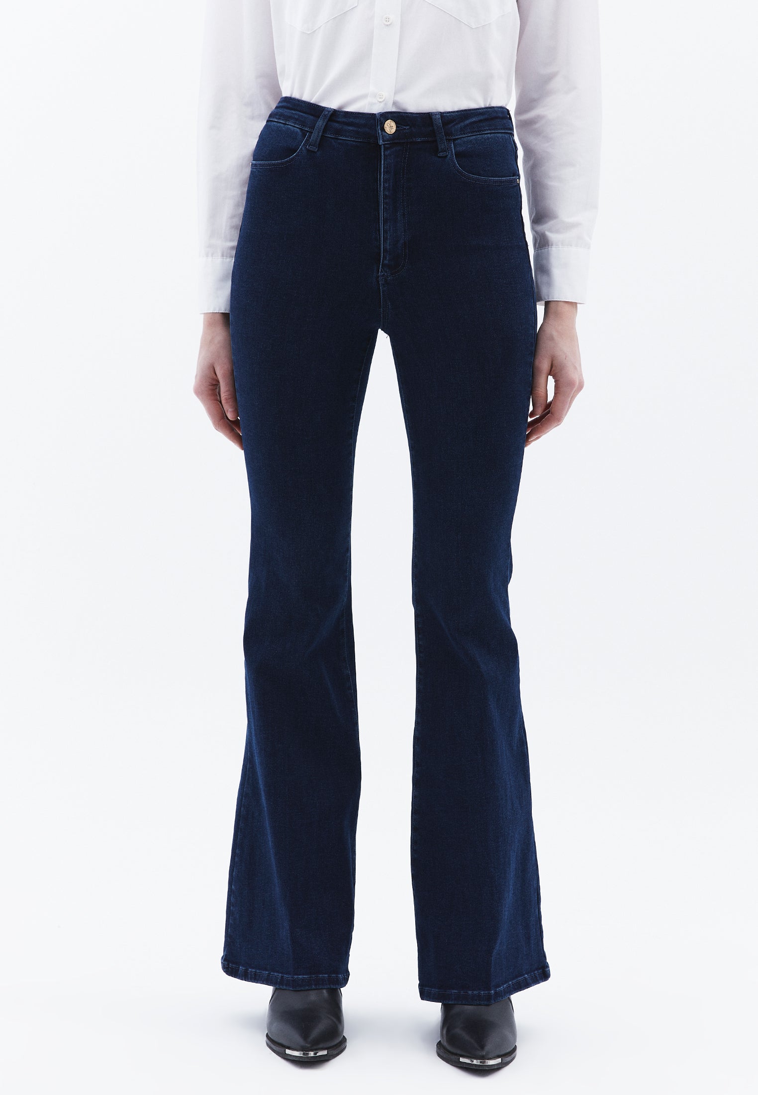 Button Detail Flared Leg Pants - DARK BLUE DENIM