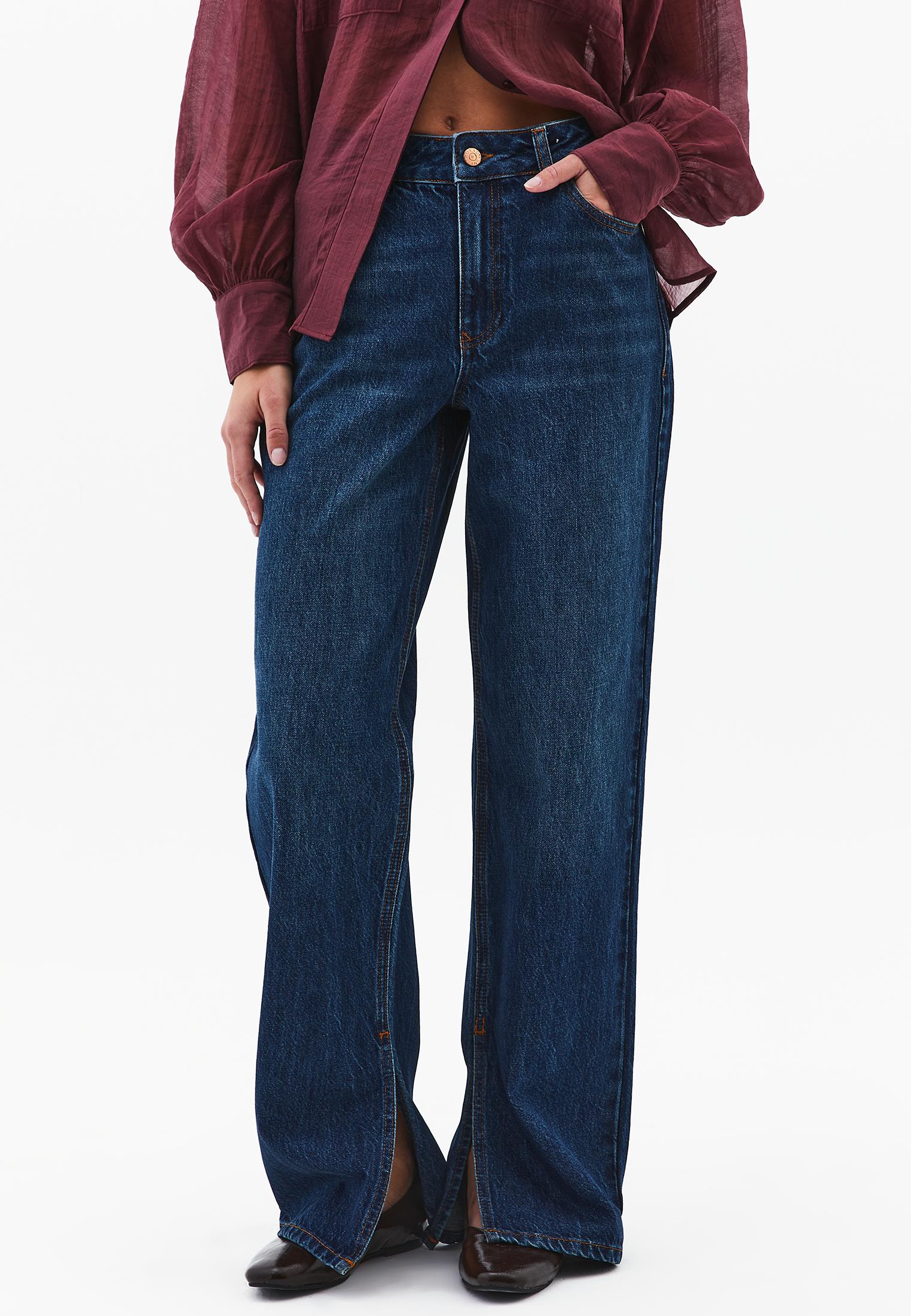 Straight Leg Straight Denim Pants - DARK BLUE DENIM