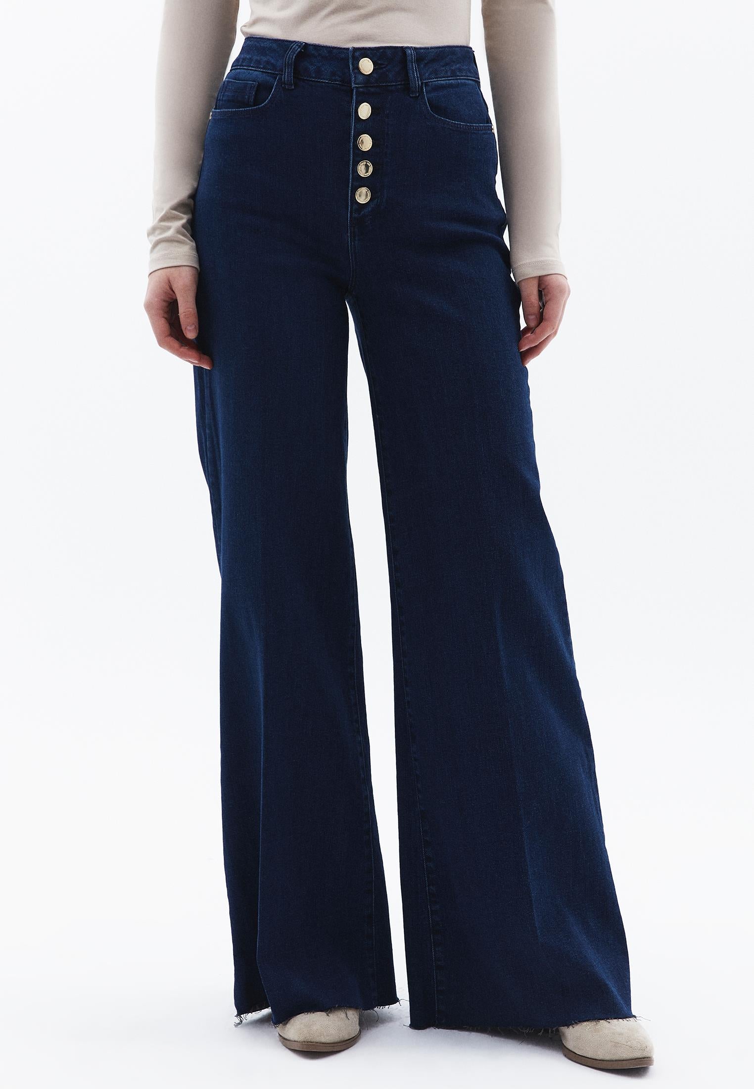 High Waist Wide Leg Pants - DARK BLUE DENIM