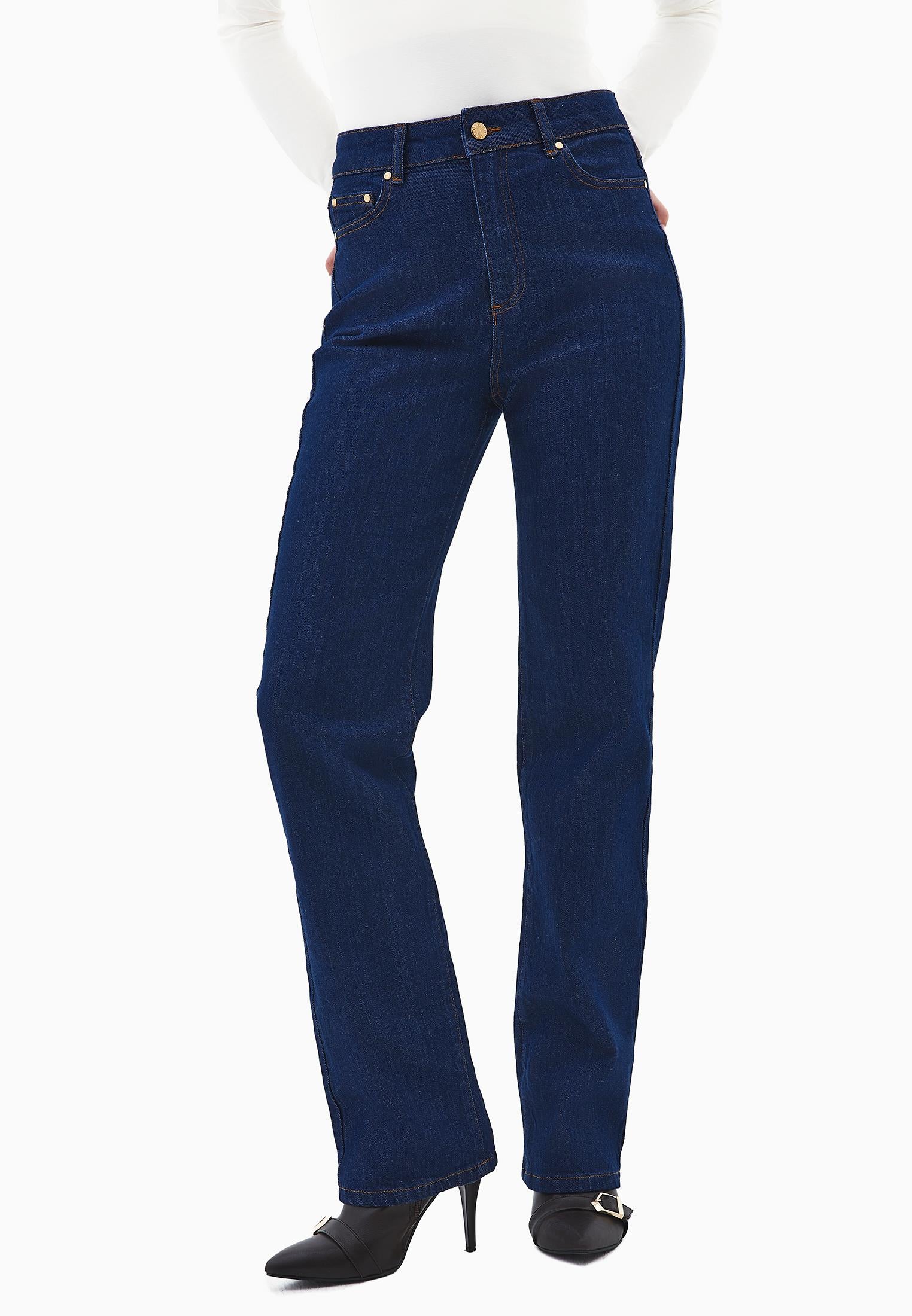 High Waist Straight Leg Pants - DARK BLUE DENIM