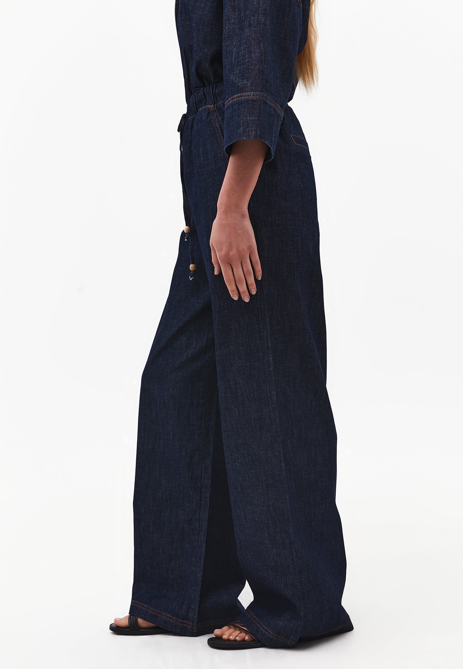 Wide Leg High Waist Elastic Waistband Pants - DARK BLUE DENIM
