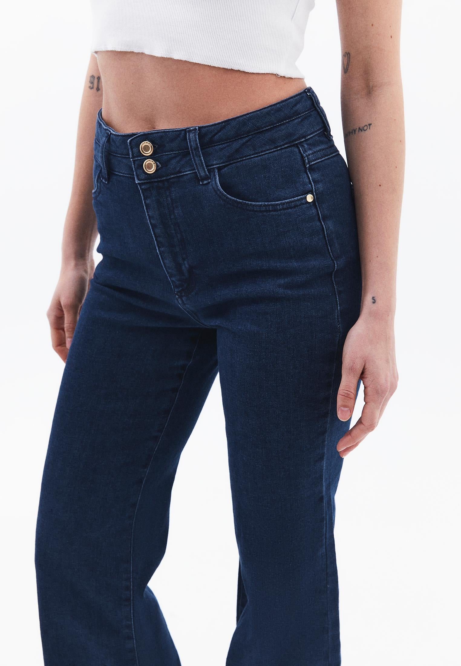 High Waist Flared Denim Pants - DARK BLUE DENIM