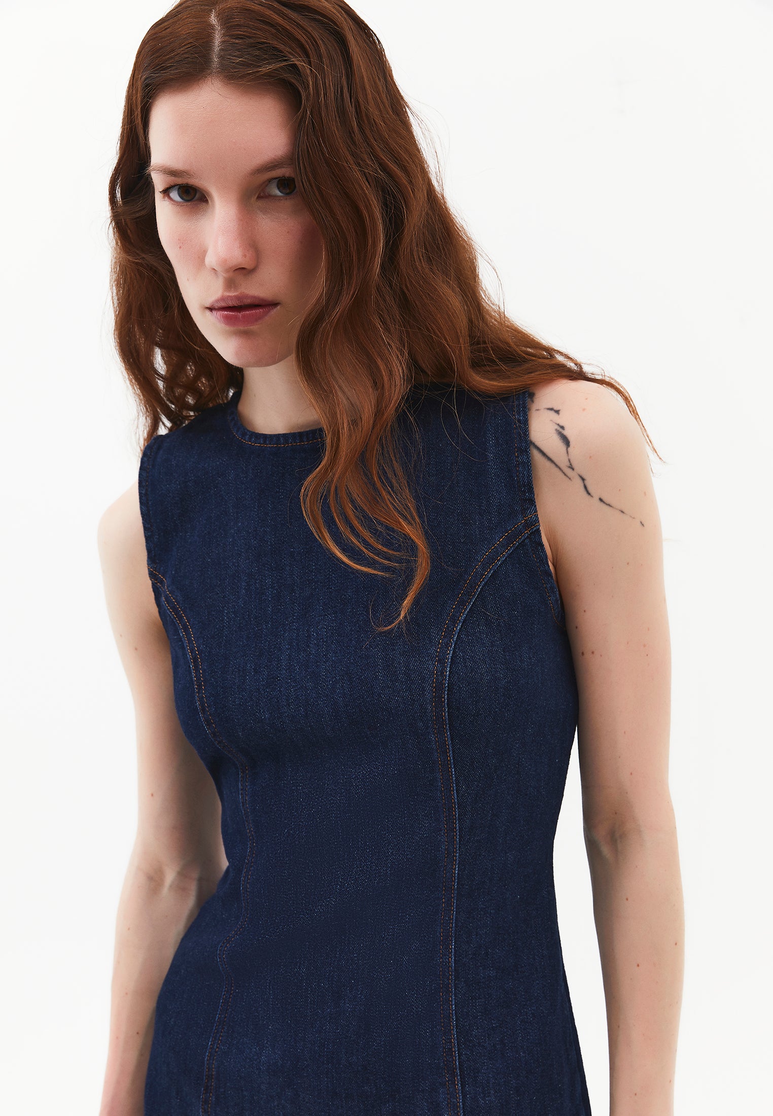 Sleeveless Short Denim Dress With Slit - DARK BLUE DENIM