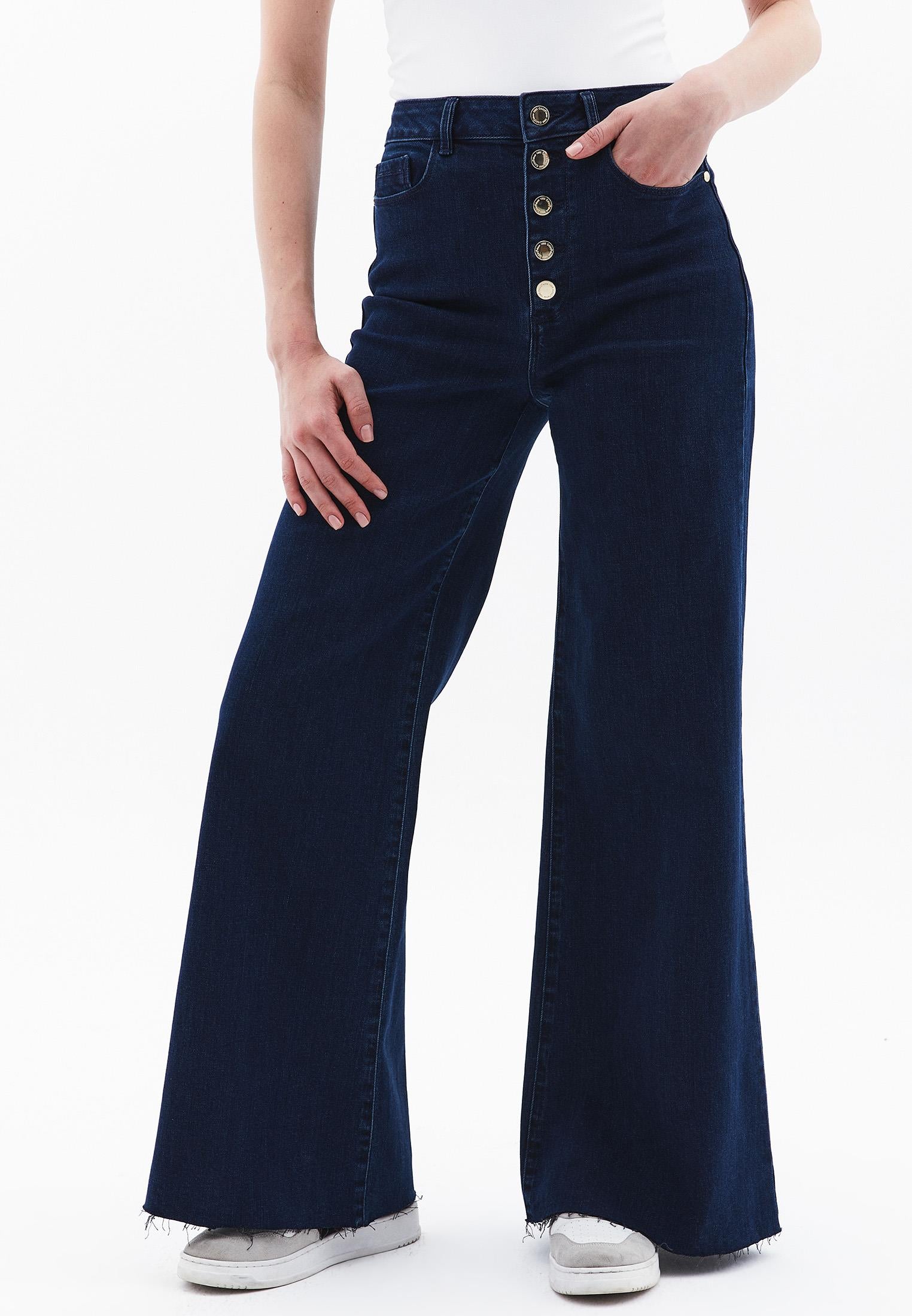 High Waist Wide Leg Pants - DARK BLUE DENIM