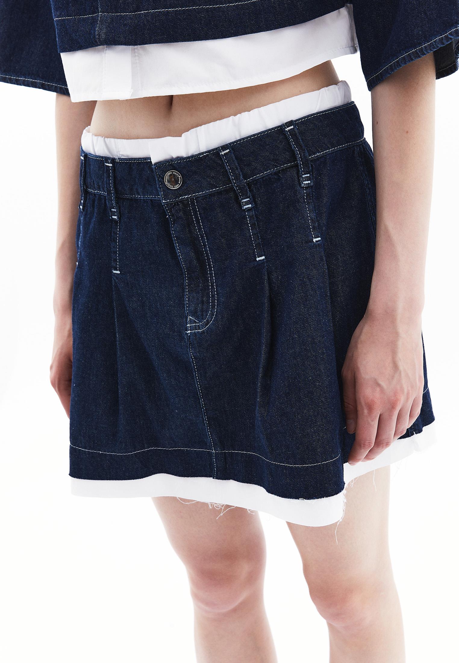 Pleated Short Skirt With Belt Detail - DARK BLUE DENIM