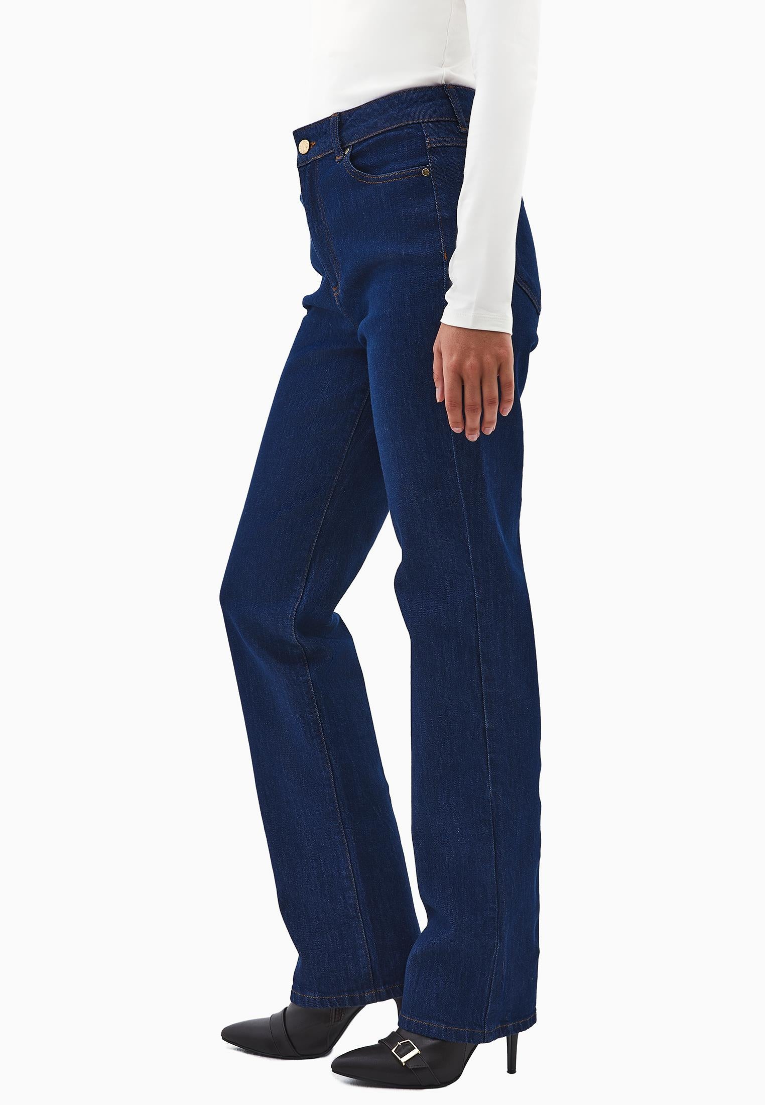 High Waist Straight Leg Pants - DARK BLUE DENIM