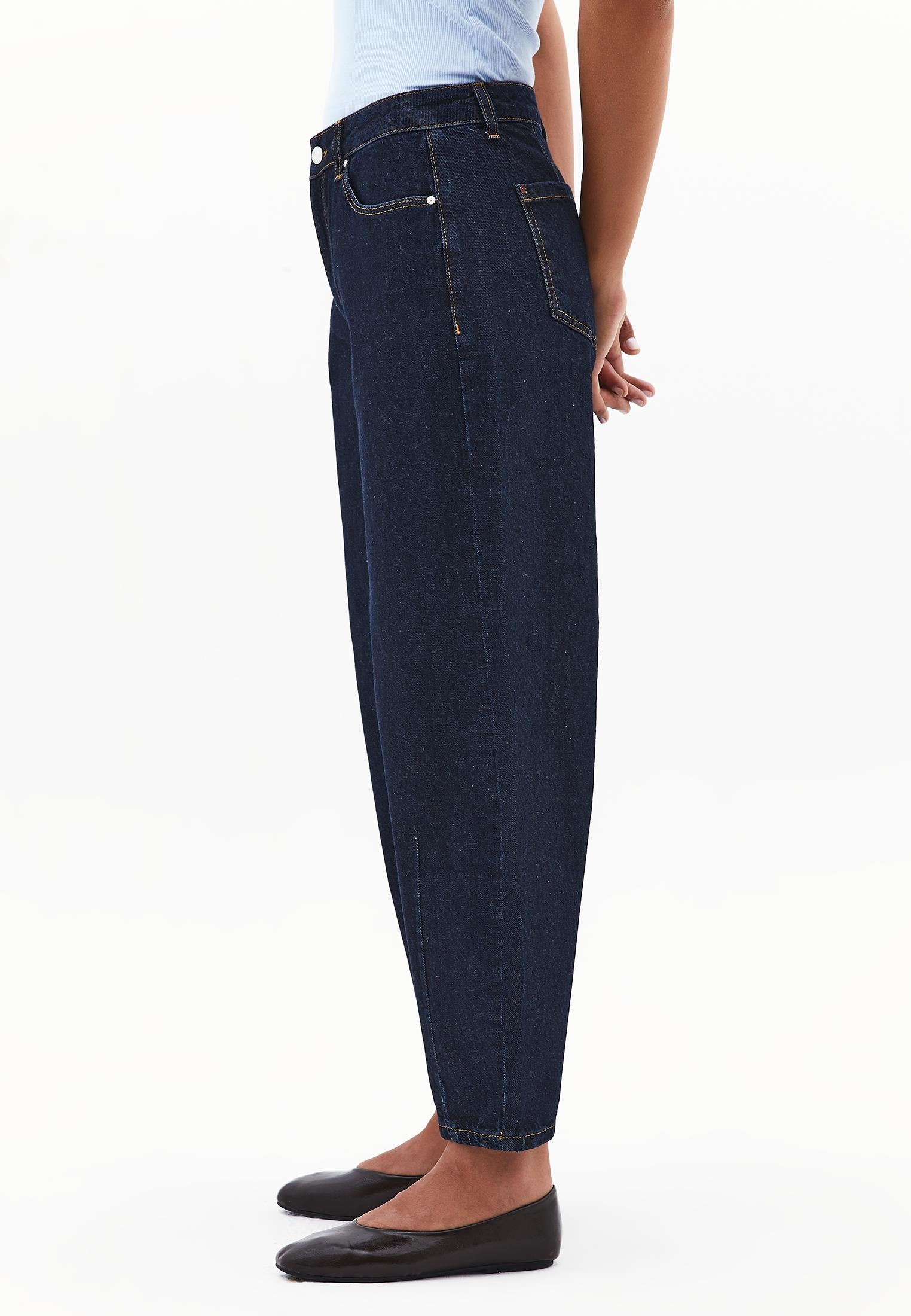 Barrel Hem Denim Pants With Cut Details And Regular Waist - DARK BLUE DENIM