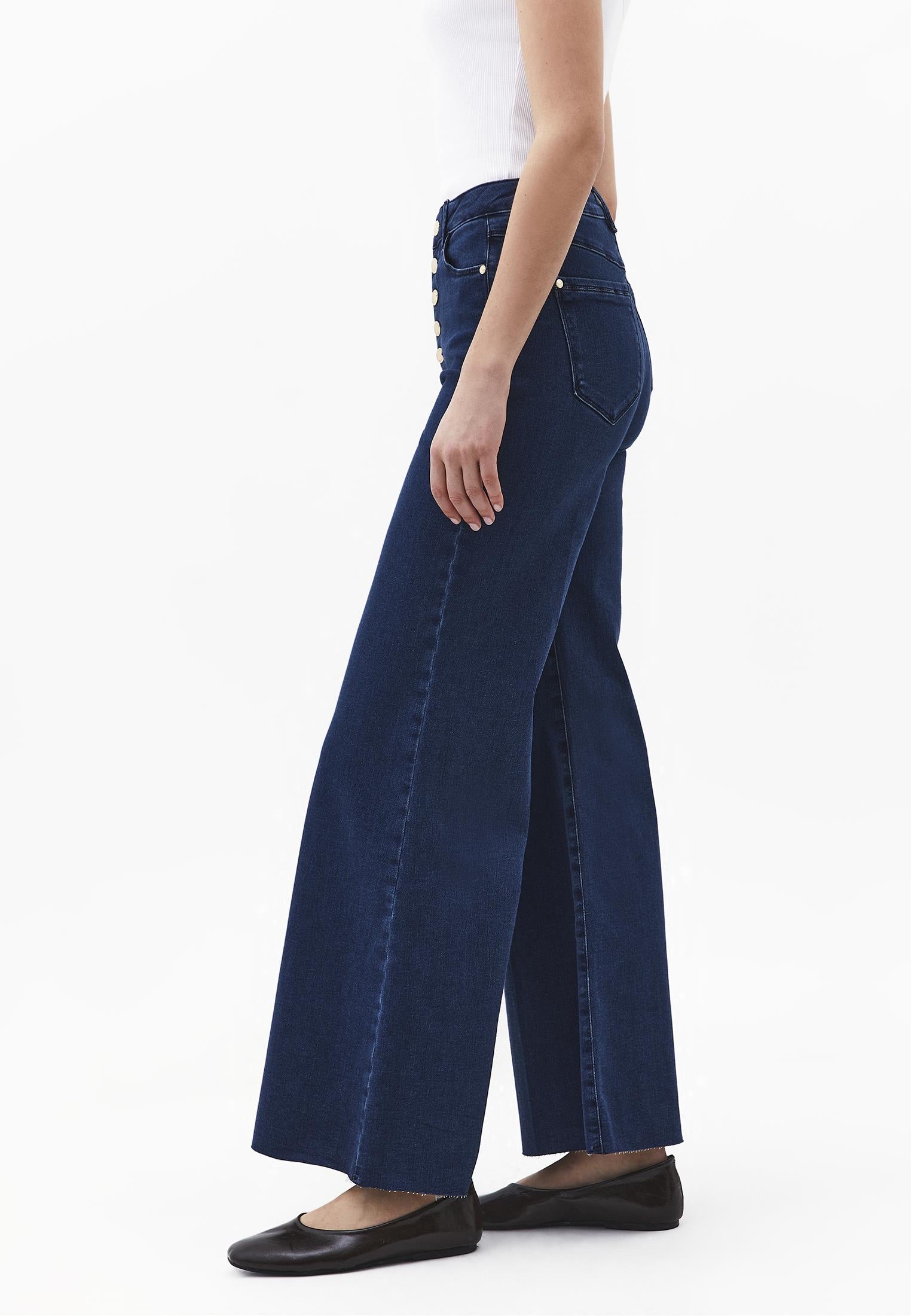 Wide Leg Button Detailed Trousers - DARK BLUE DENIM