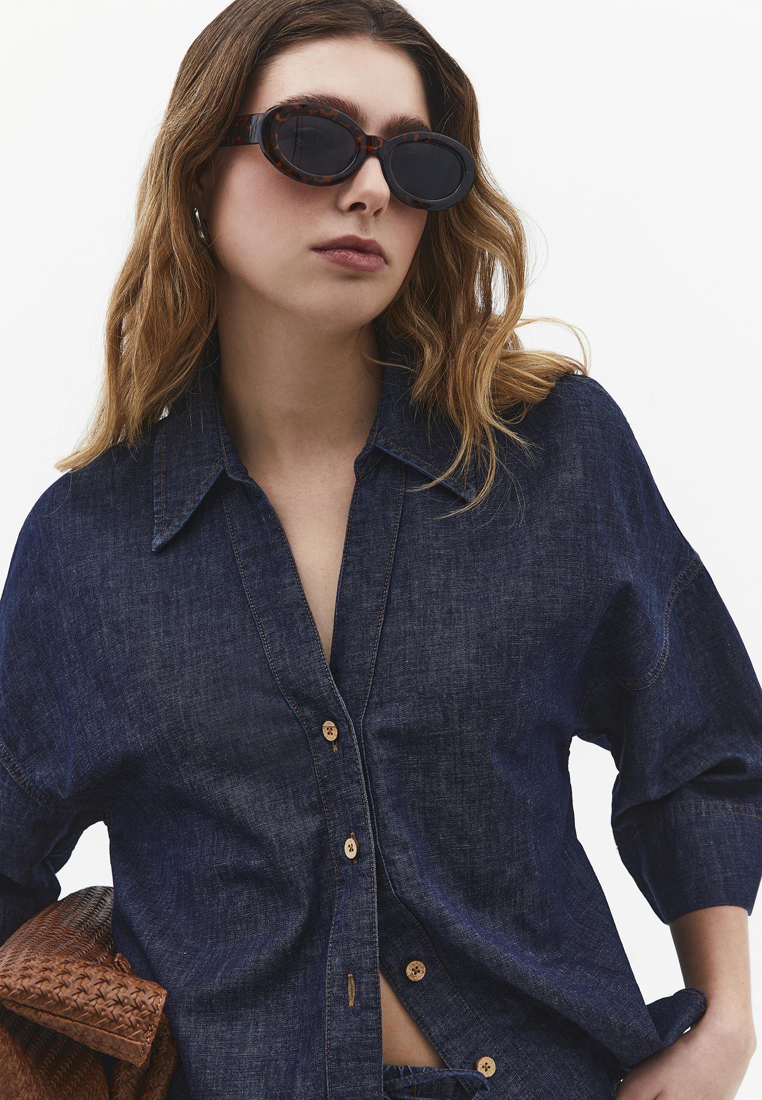 Oversize Shirt Collar Three Quarter Sleeve Denim Shirt - DARK BLUE DENIM