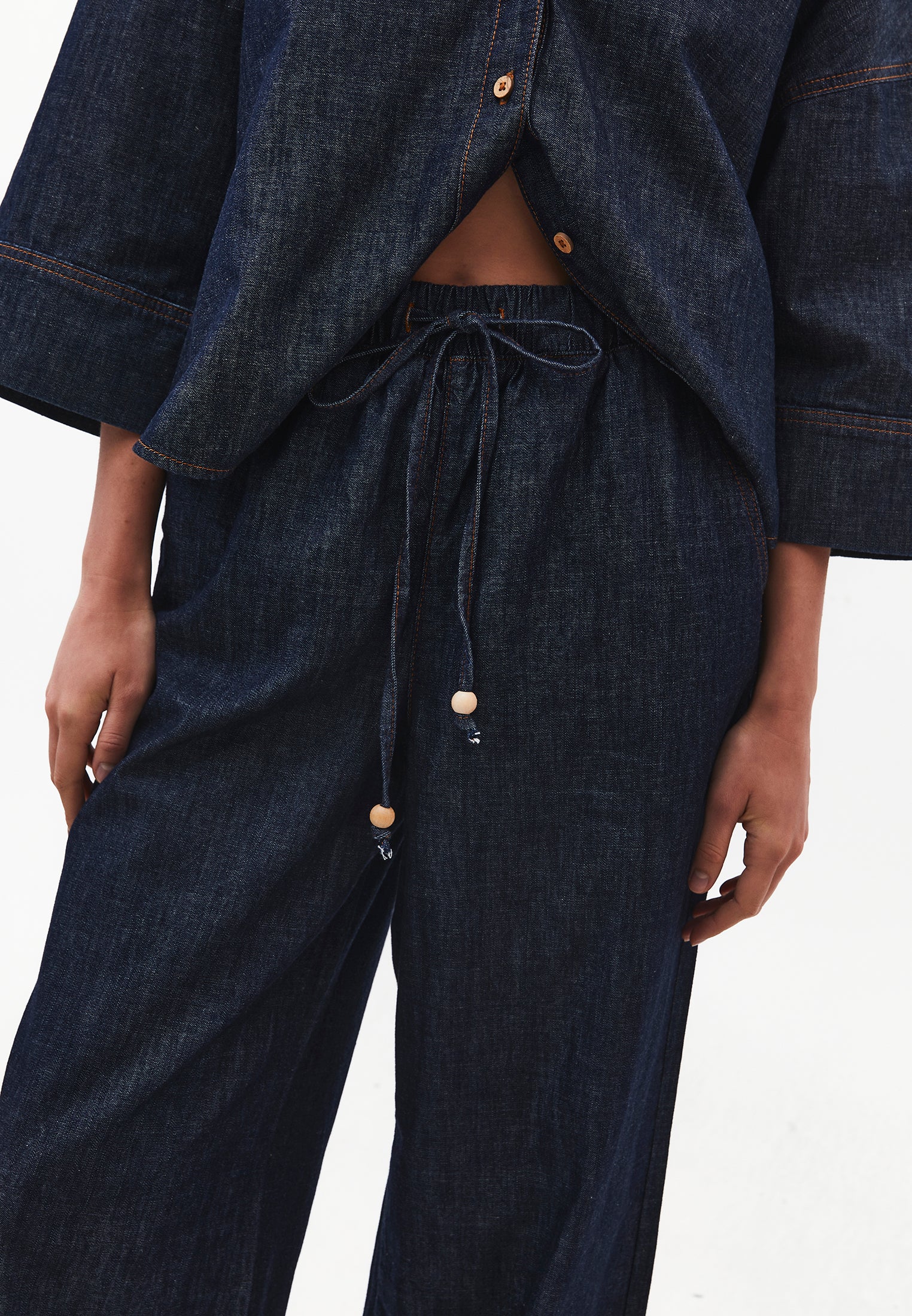 Wide Leg High Waist Elastic Waistband Pants - DARK BLUE DENIM