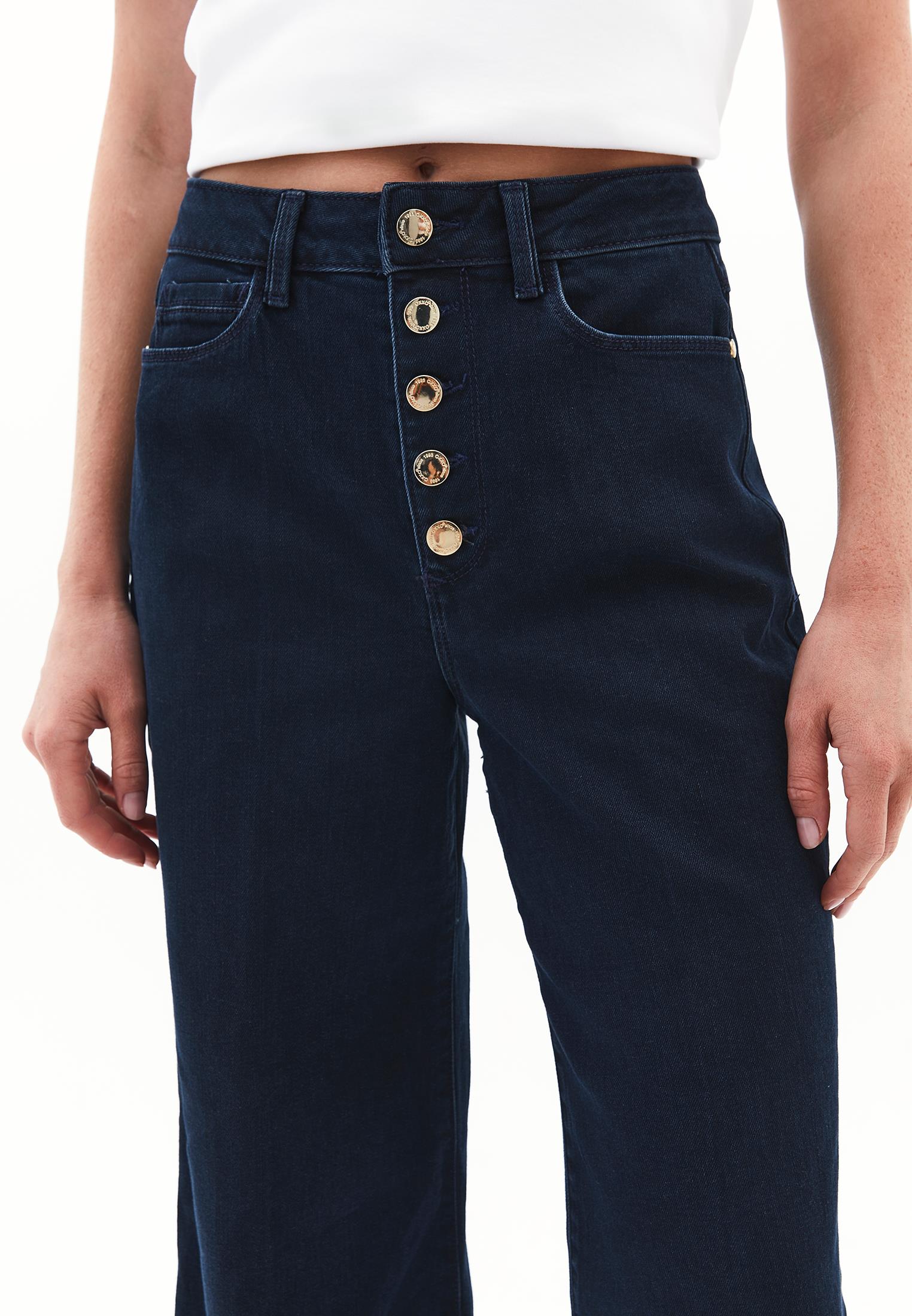High Waist Wide Leg Buttoned Pants - DARK BLUE DENIM