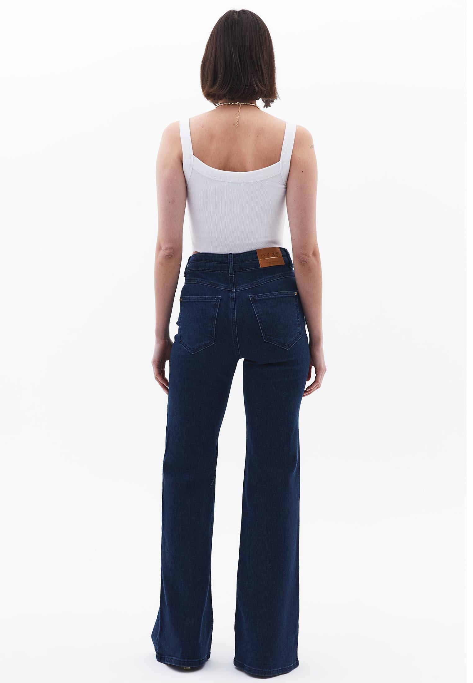 High Waist Flared Denim Pants - DARK BLUE DENIM