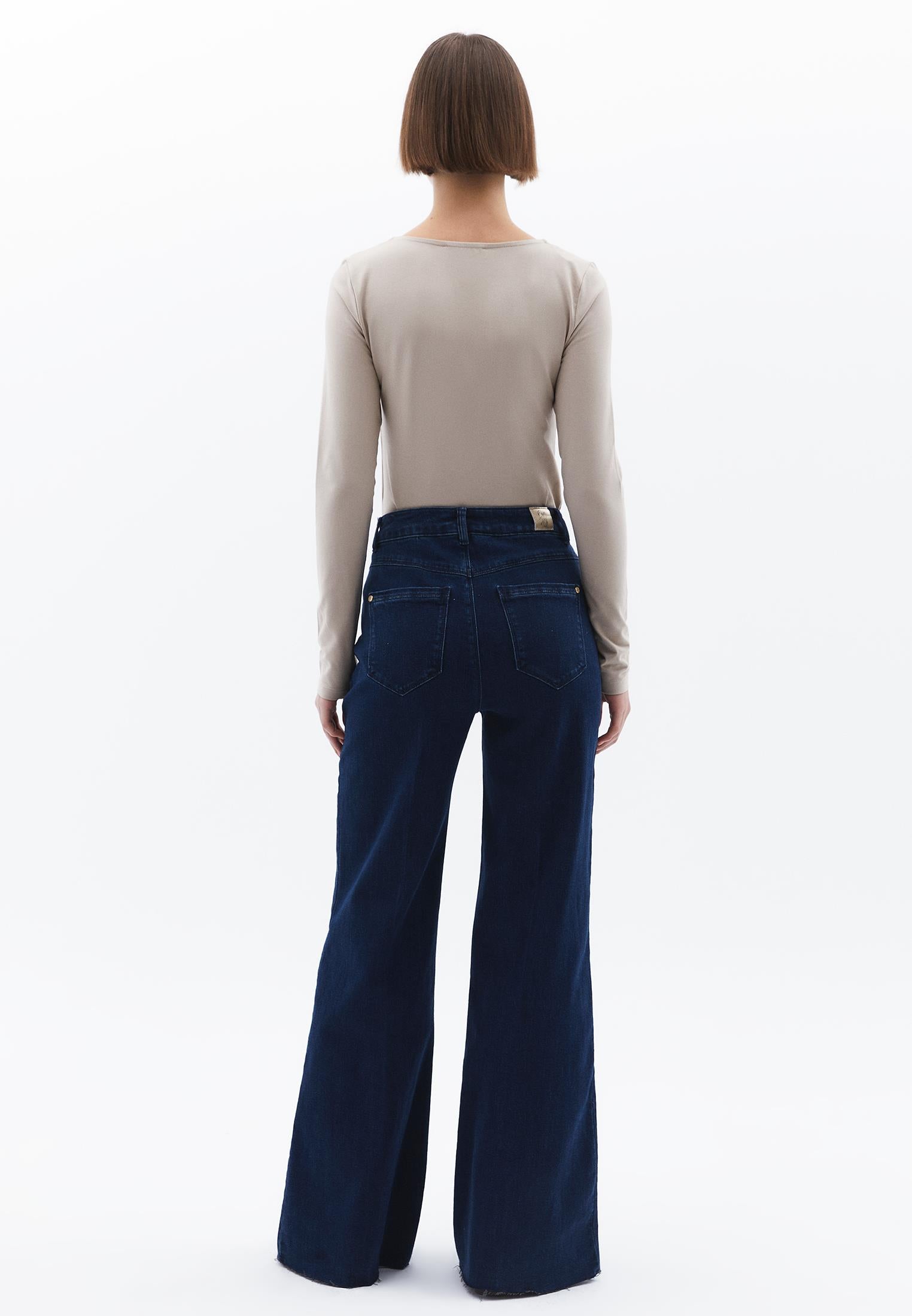 High Waist Wide Leg Pants - DARK BLUE DENIM
