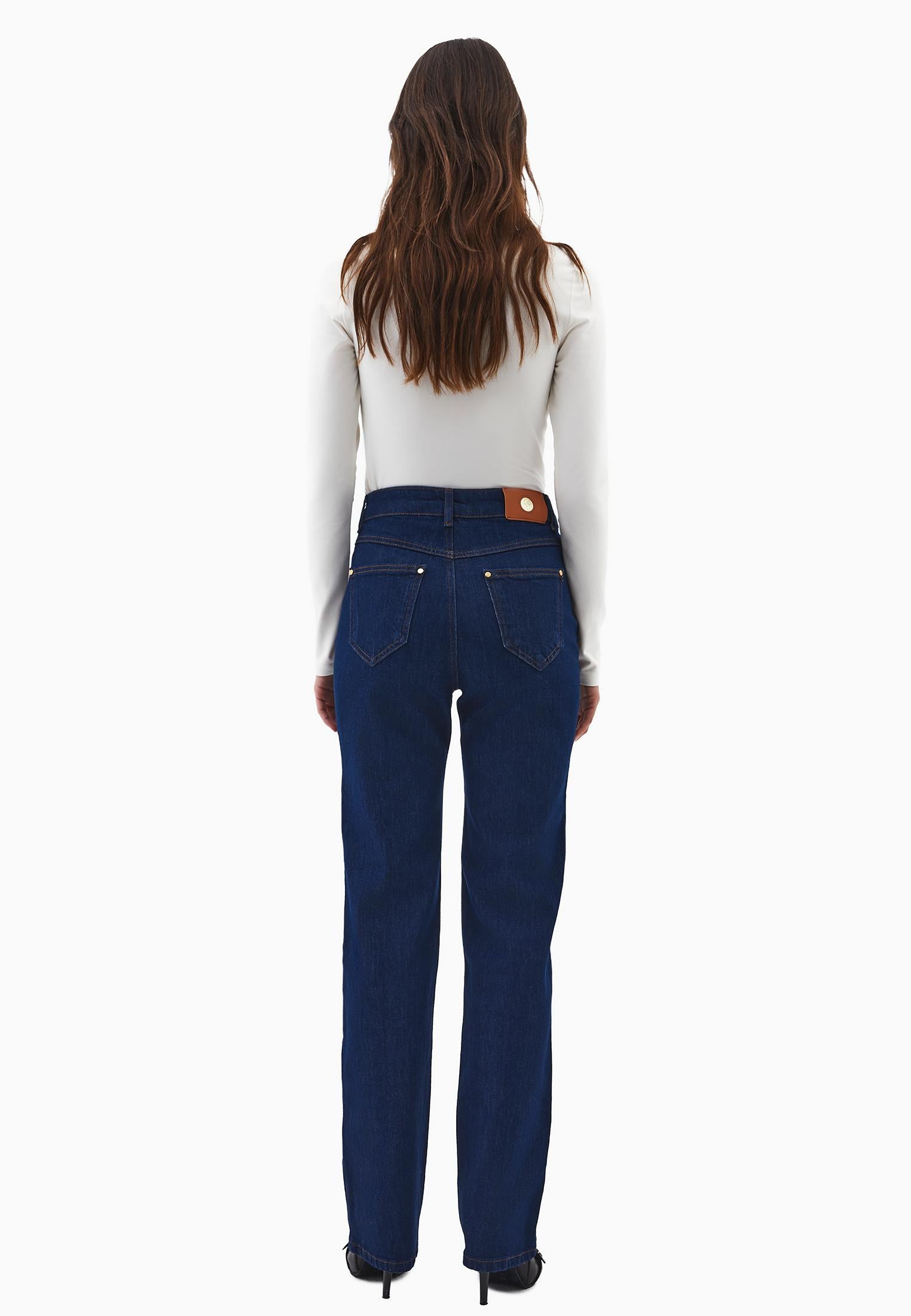 High Waist Straight Leg Pants - DARK BLUE DENIM