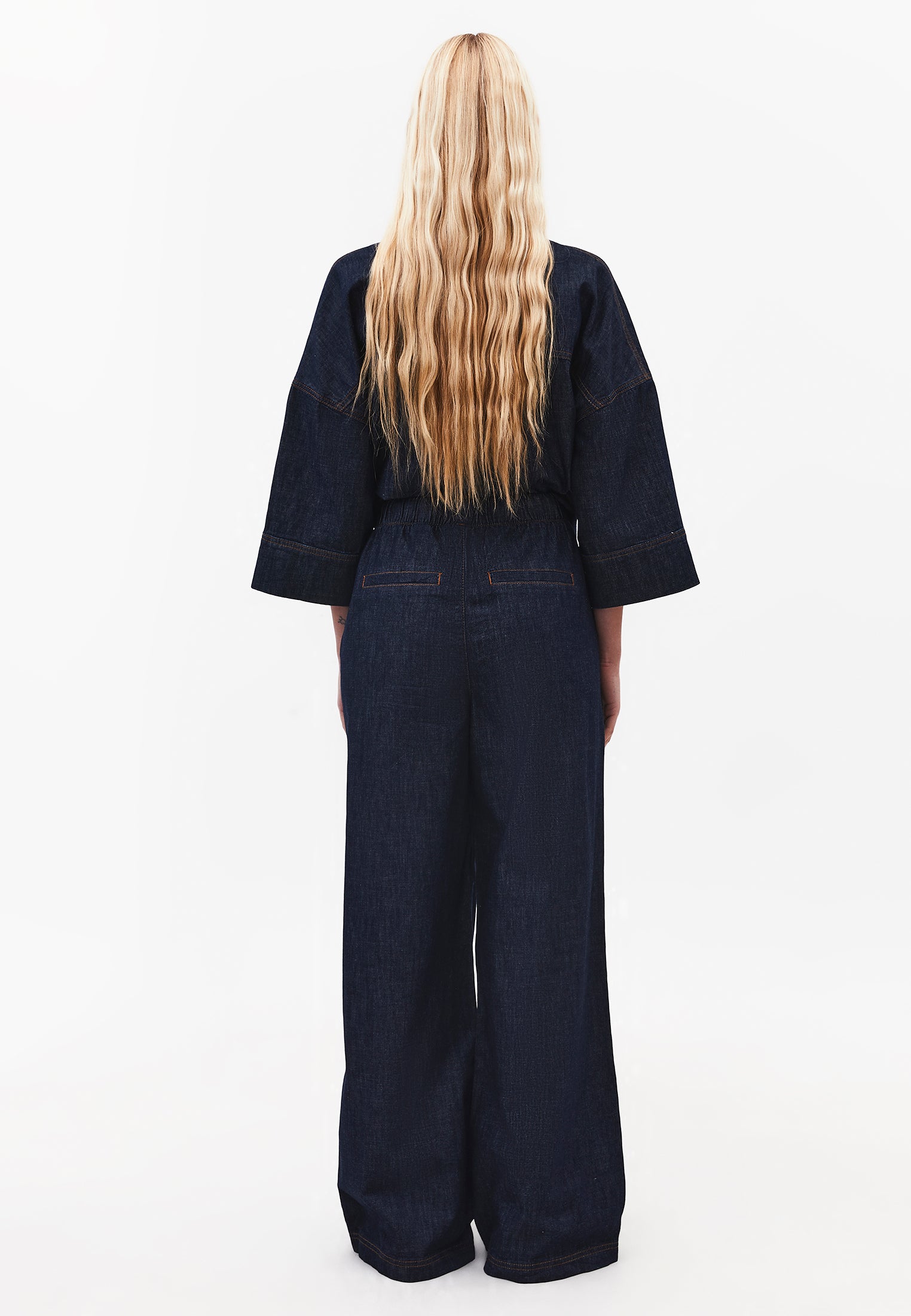 Wide Leg High Waist Elastic Waistband Pants - DARK BLUE DENIM