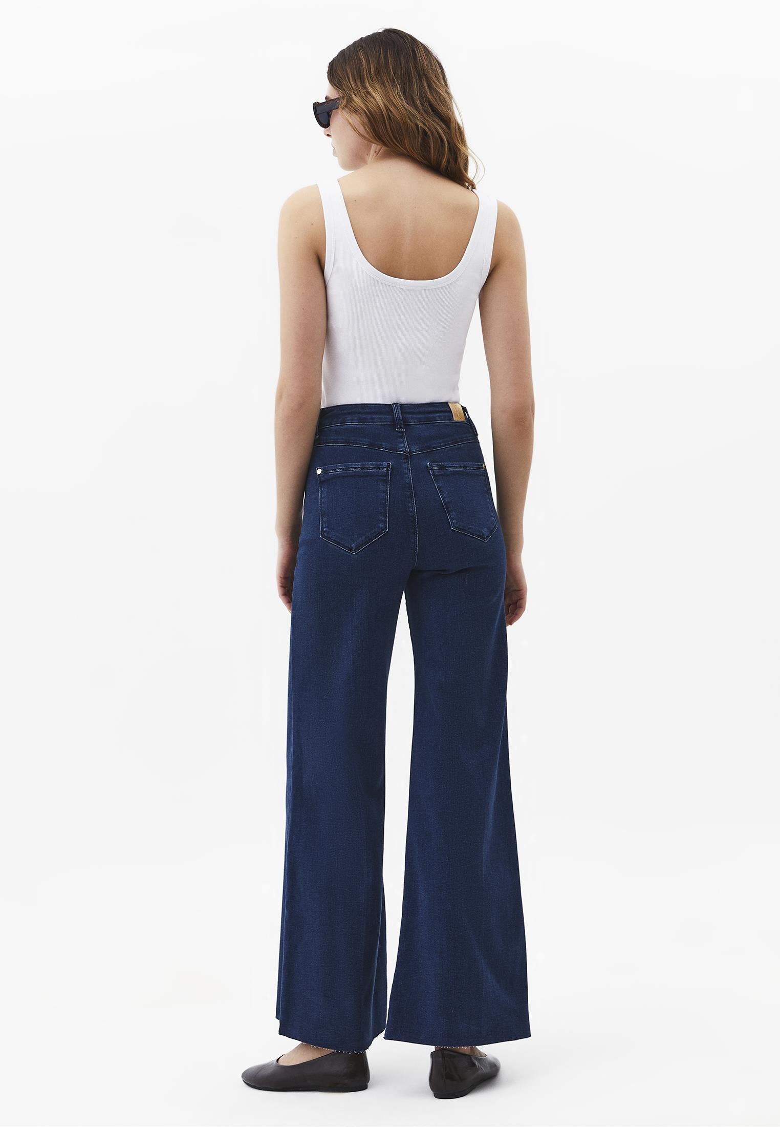 Wide Leg Button Detailed Trousers - DARK BLUE DENIM