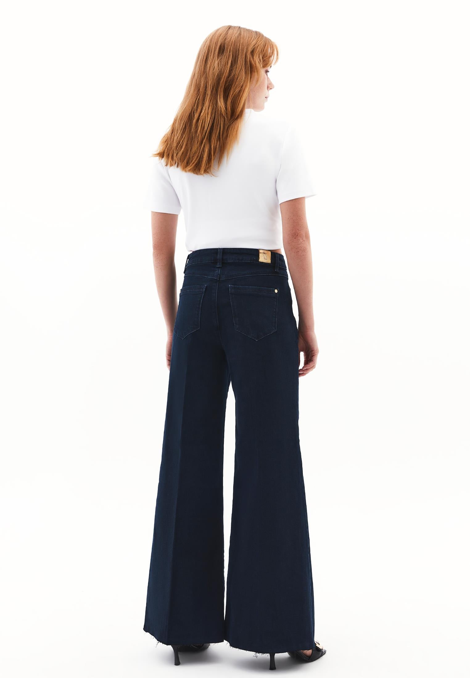 High Waist Wide Leg Buttoned Pants - DARK BLUE DENIM