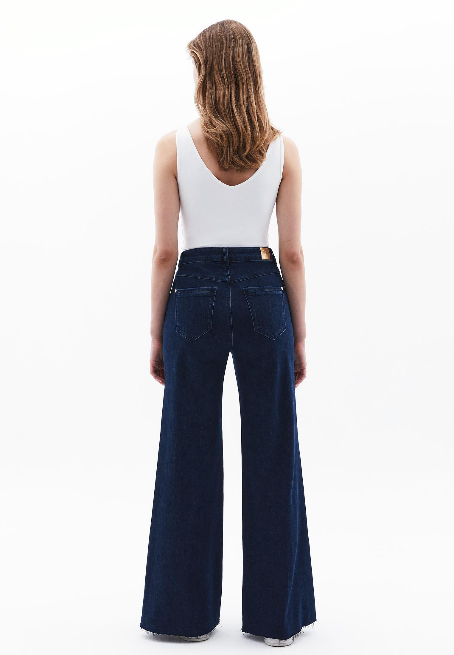 High Waist Wide Leg Pants - DARK BLUE DENIM