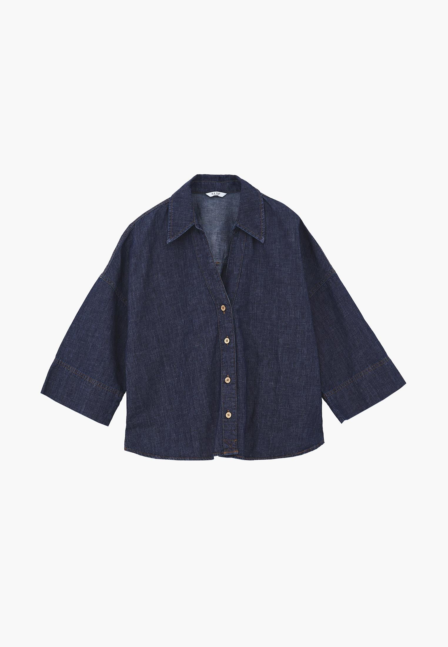 Oversize Shirt Collar Three Quarter Sleeve Denim Shirt - DARK BLUE DENIM