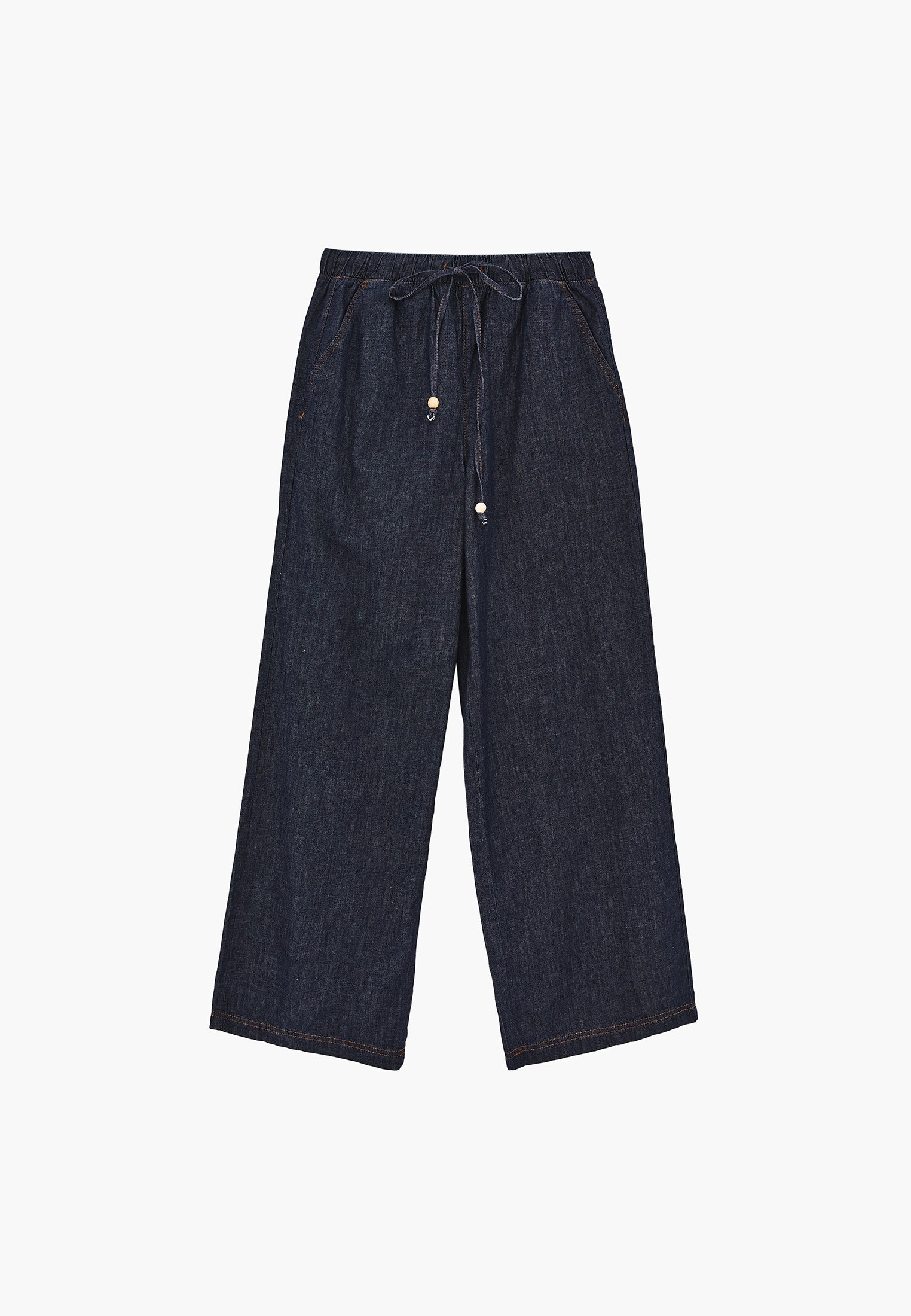 Wide Leg High Waist Elastic Waistband Pants - DARK BLUE DENIM