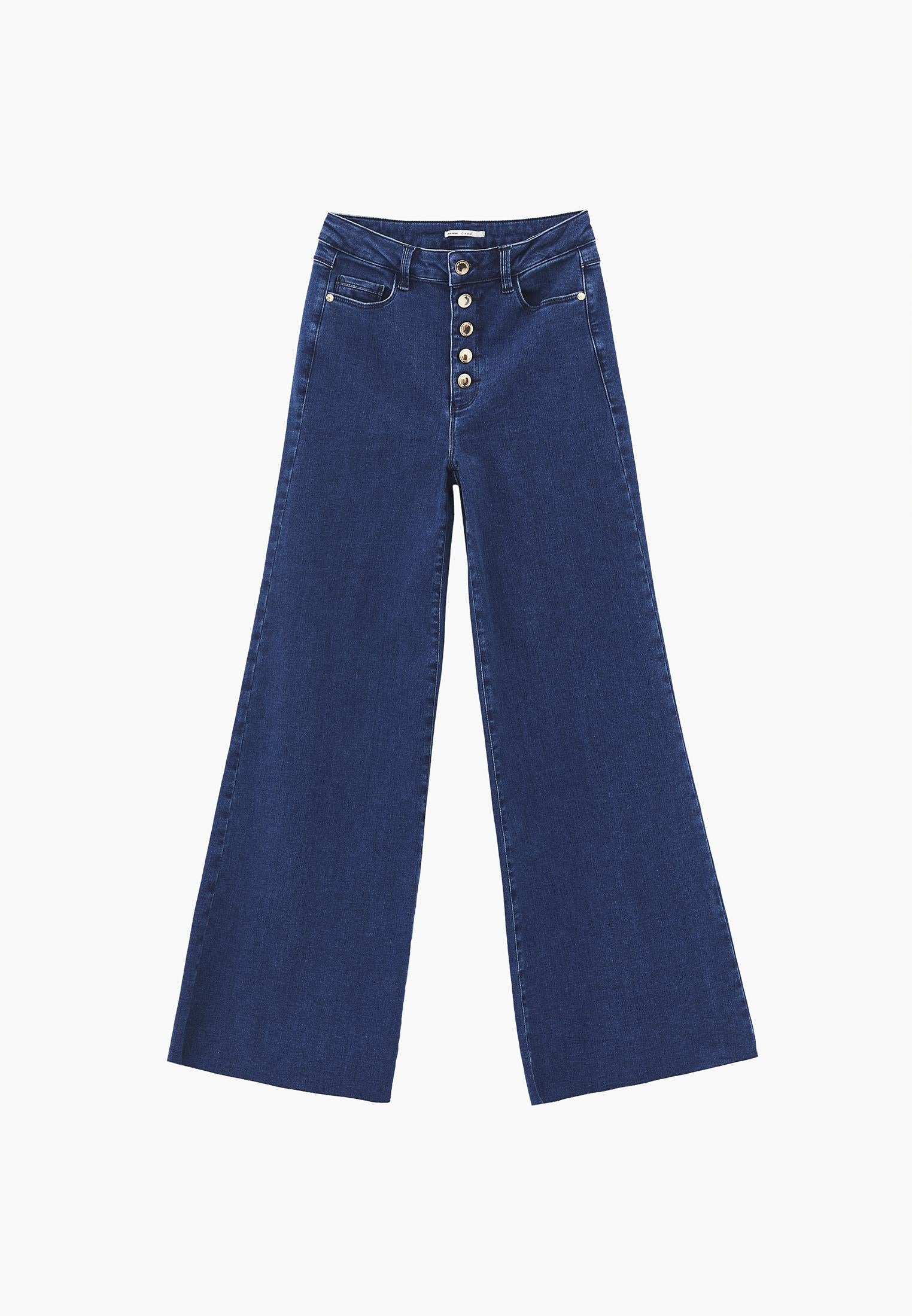 Wide Leg Button Detailed Trousers - DARK BLUE DENIM