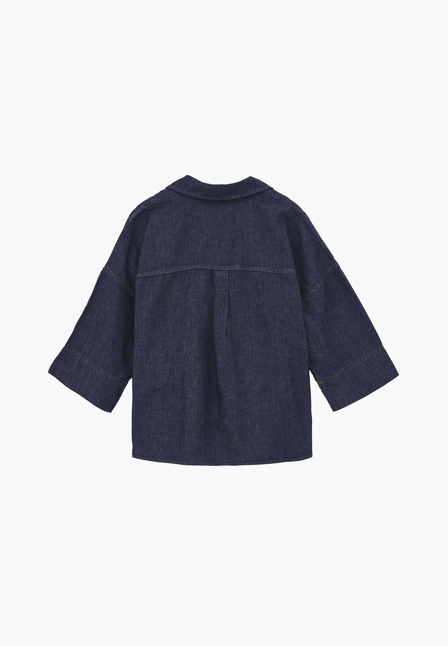 Oversize Shirt Collar Three Quarter Sleeve Denim Shirt - DARK BLUE DENIM
